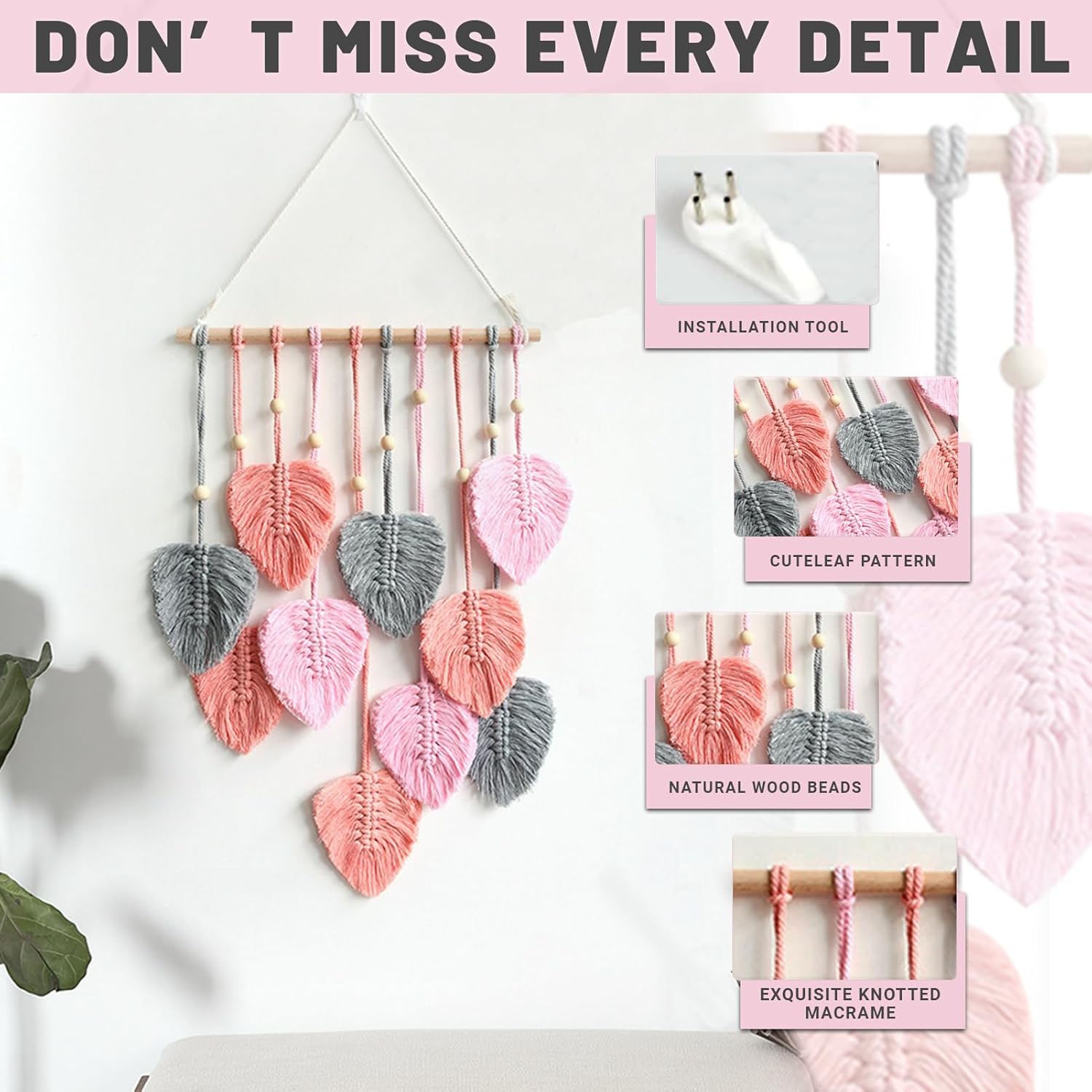 Tapiz de hojas bohemio para colgar en la pared, tapiz para colgar en la pared, hilo tejido de plumas hechas a mano, tapiz bohemio, decoración de