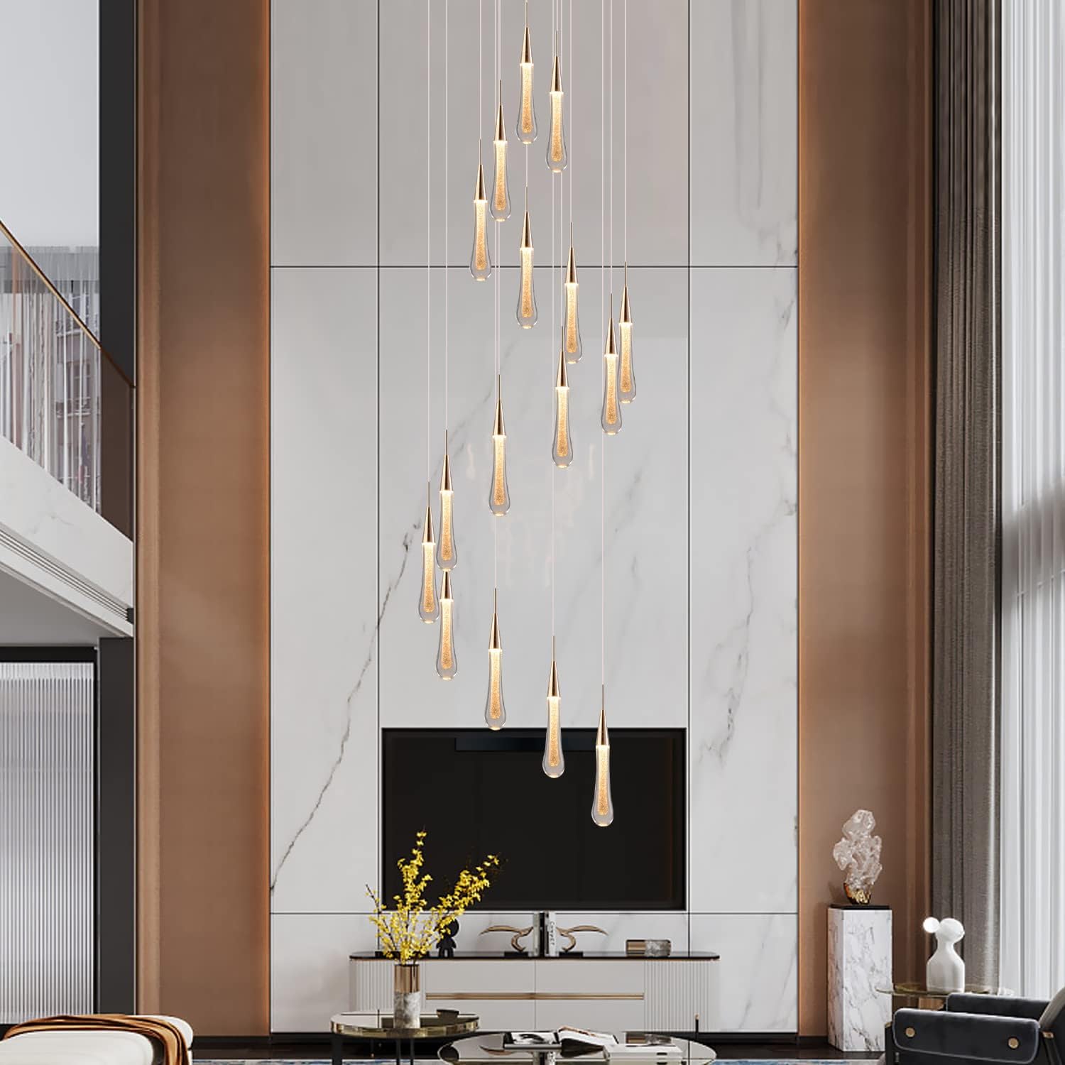 16-Light Gold Staircase Chandelier, Adjustable 128″ High Ceilings Light Fixture Crystal Raindrop Glass Large Long LED Chandeliers for Entryway