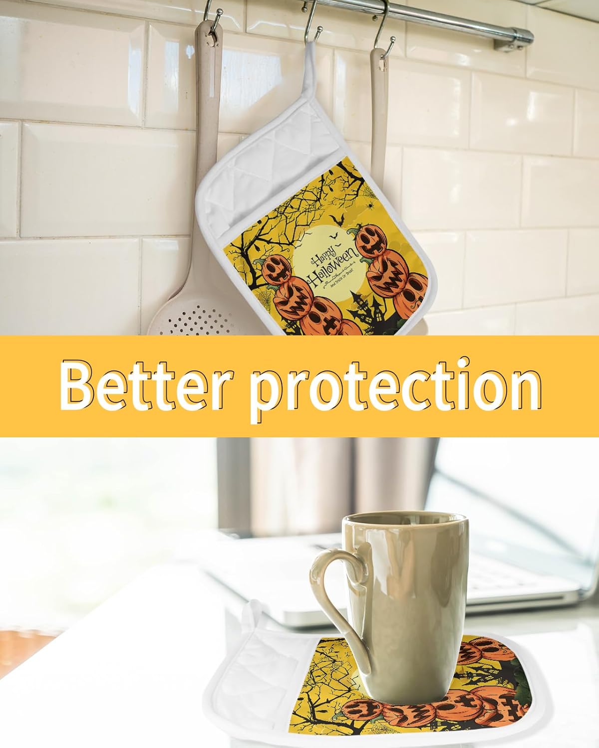 Halloween 2Pcs Pot Holders for Kitchen, Non Slip & Heat Insulation Terry Cloth Potholder Set with Pocket, Thick Hot Pad Oven Mitts Trivet Coaster