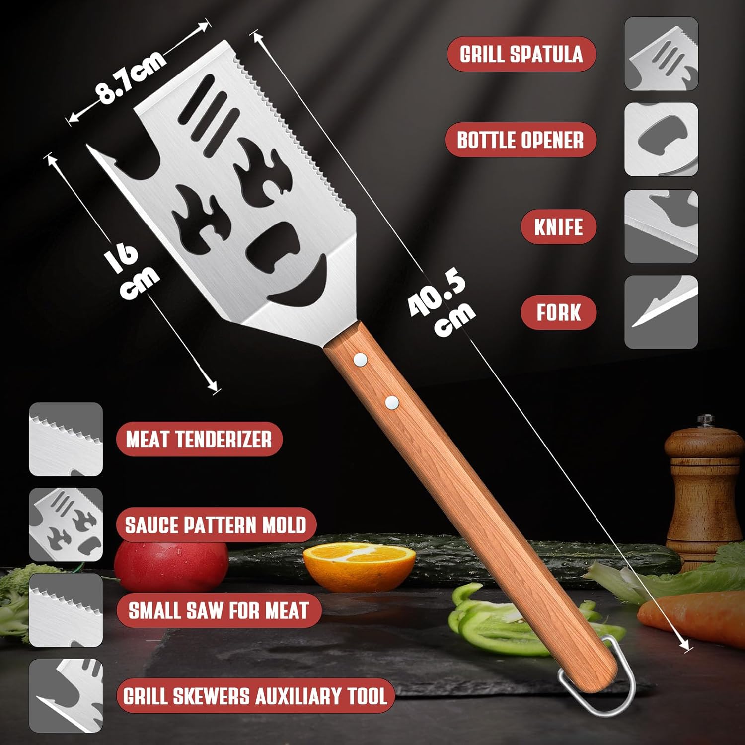 Dragon Creek Espátula de parrilla para parrilla al aire libre, espátula de barbacoa 8 en 1 con tenedor abatible, cuchillo, borde dentado,