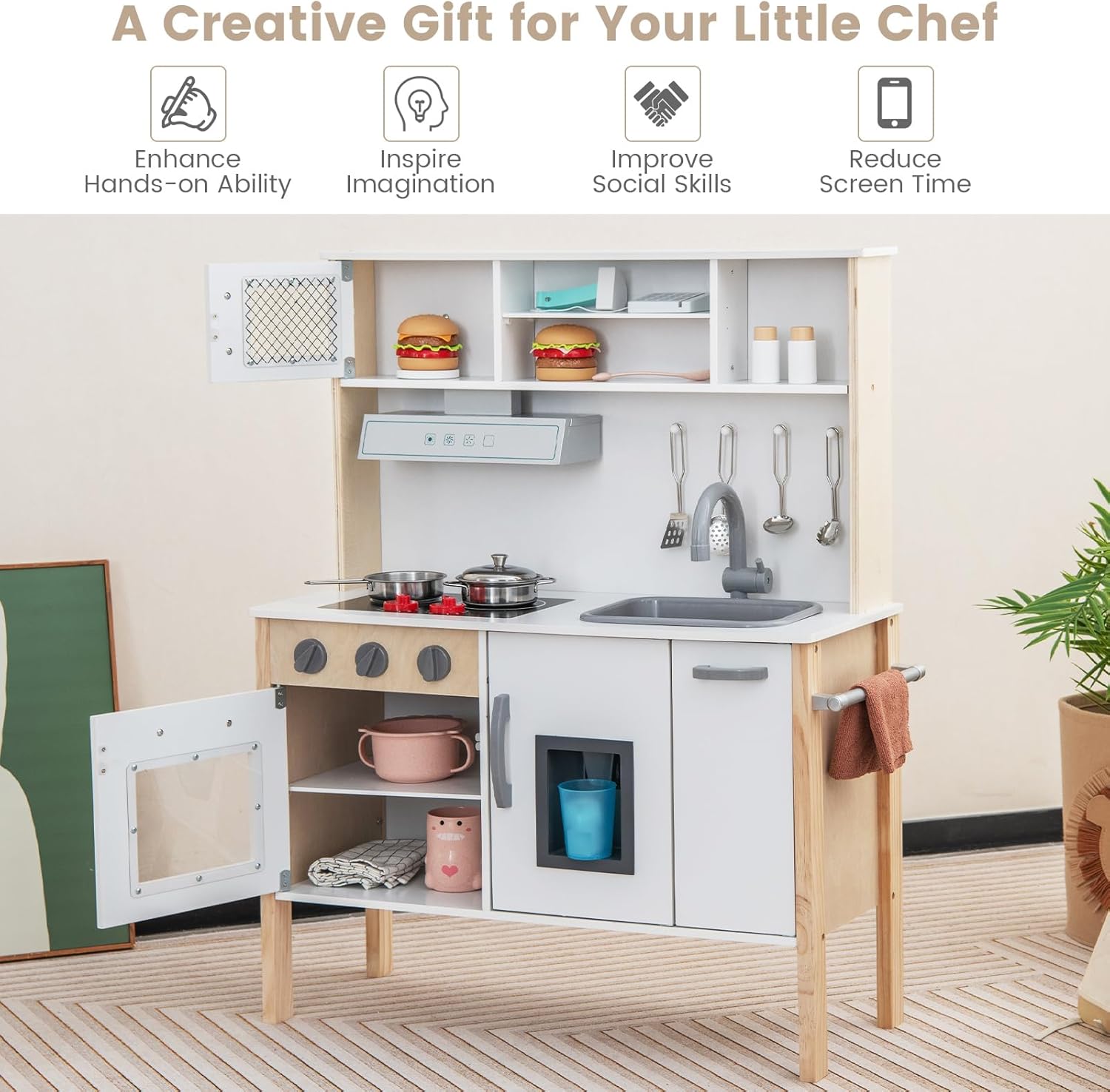 HONEY JOY Juego de cocina para niños, cocina de madera para niños pequeños, microondas, campana extractora, máquina de hielo, 18 accesorios de