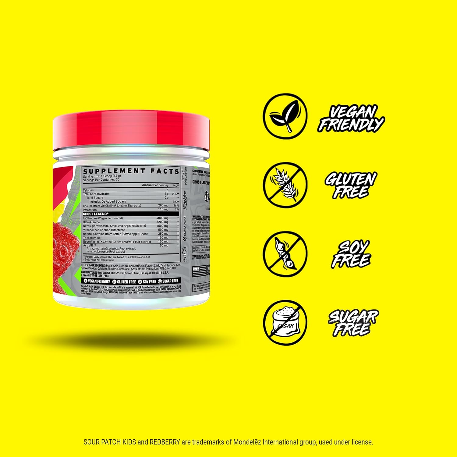 GHOST Legend V3 – Polvo de preentrenamiento, Sour Patch Kids Redberry – 30 porciones – Pre-entrenamiento para hombres y mujeres con cafeína,