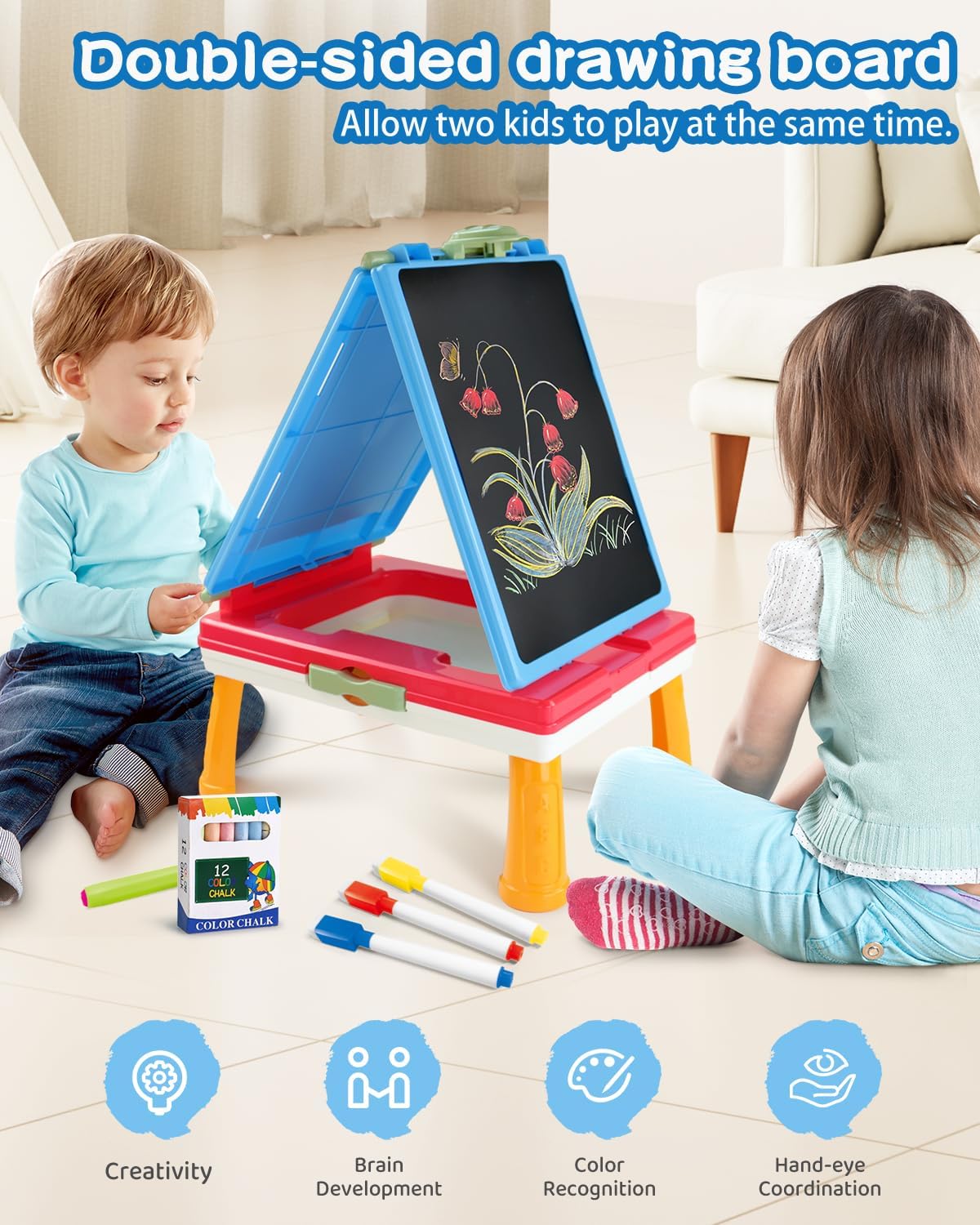 Caballete para niños, caballete de arte de doble cara 4 en 1 con pizarra y pizarra blanca magnética, caballete de mesa plegable para niños con