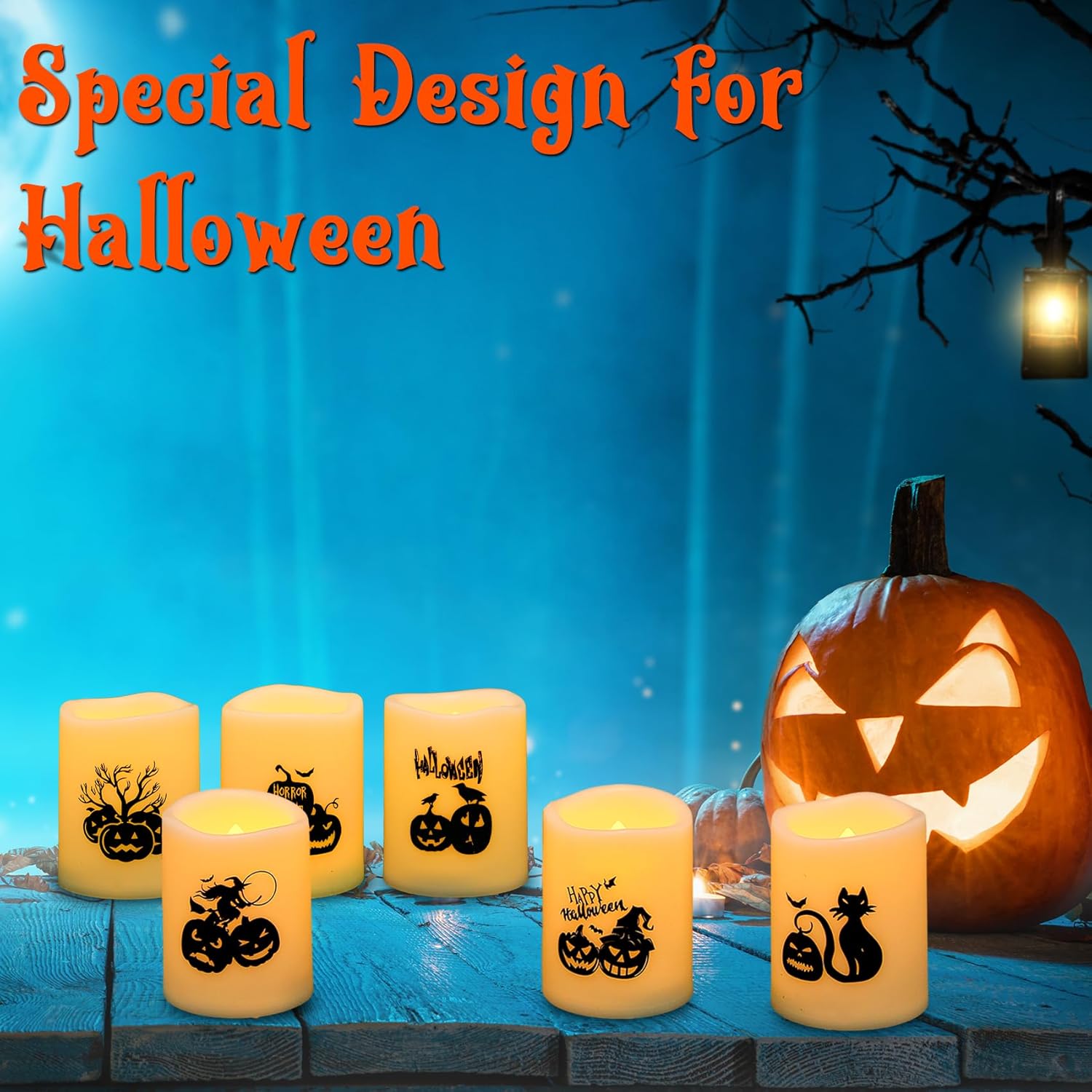 Velas votivas de Halloween sin falma, más de 200 horas, velas LED parpadeantes con calcomanías de calabazas para decoración del hogar de Halloween,
