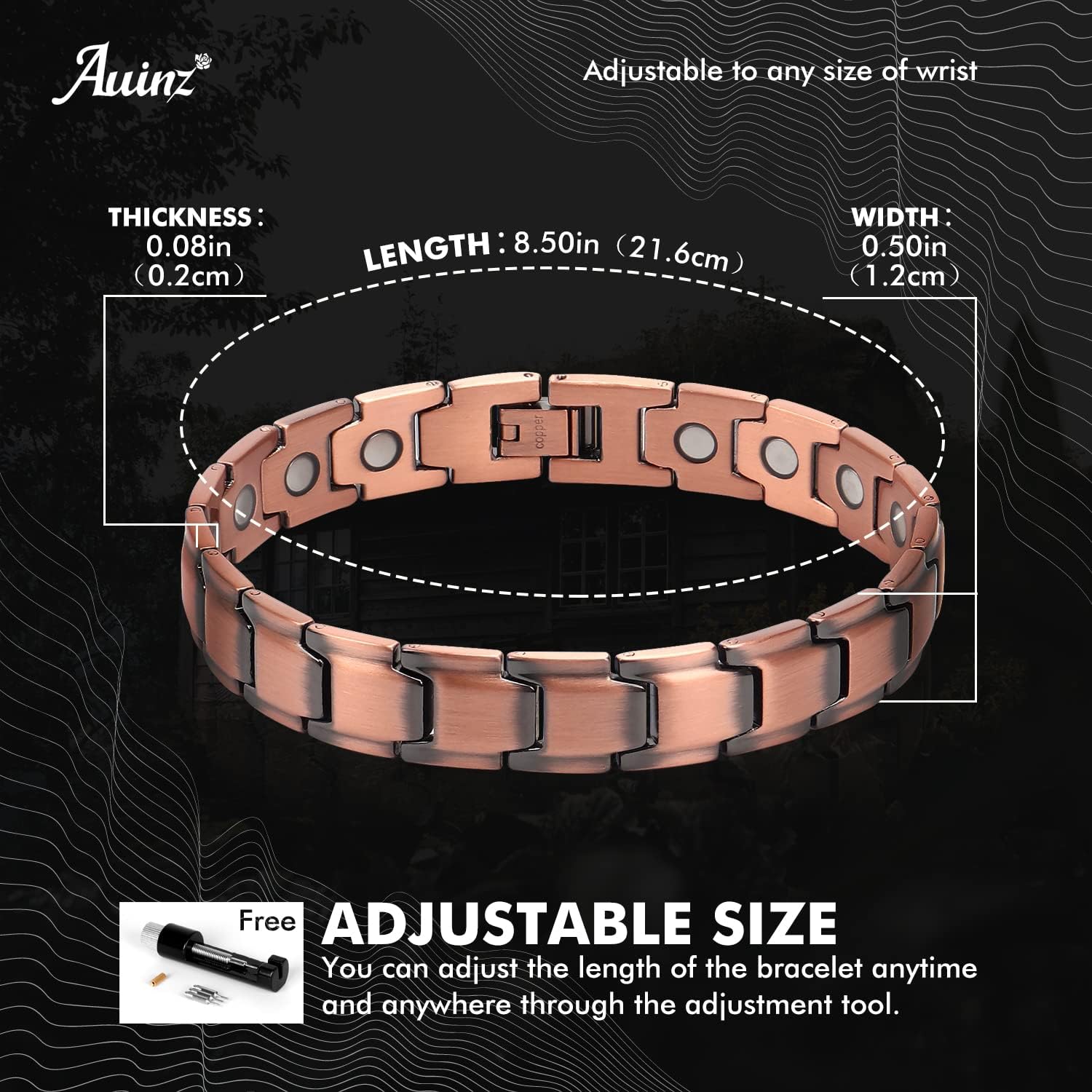 Pulsera de cobre para hombre, alivio de artritis y túnel carpiano, migraña, dolor de codo, cobre puro ajustable (cobre)