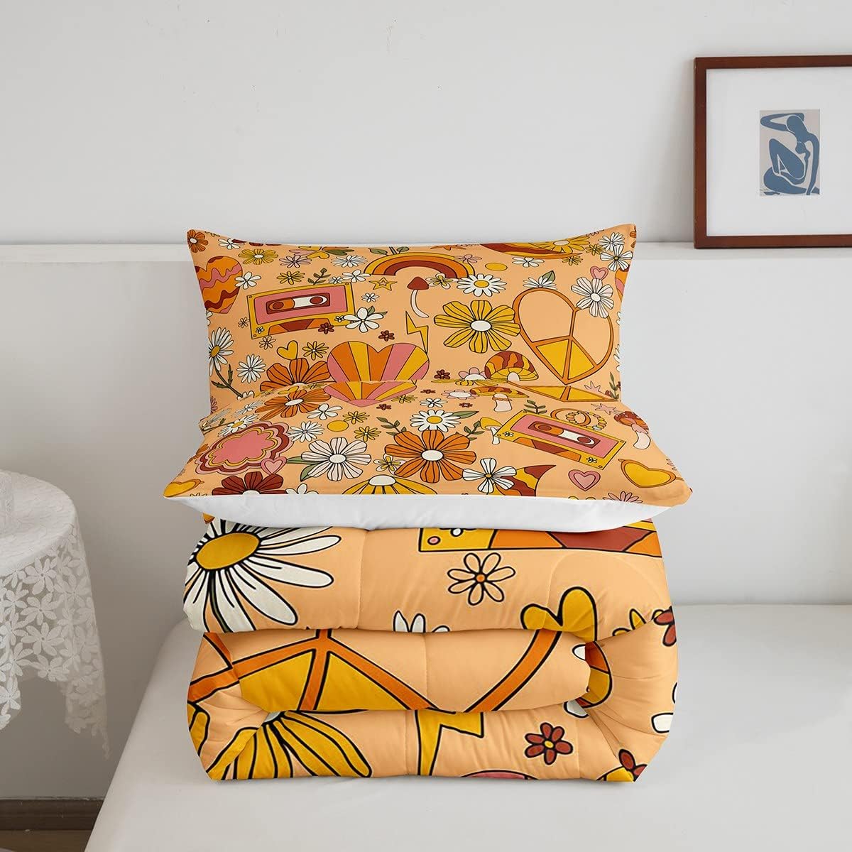 Groovy Style – Juego de edredón de tamaño matrimonial, juego de ropa de cama vintage de los años 60 y 70 con diseño de garabatos de flores para