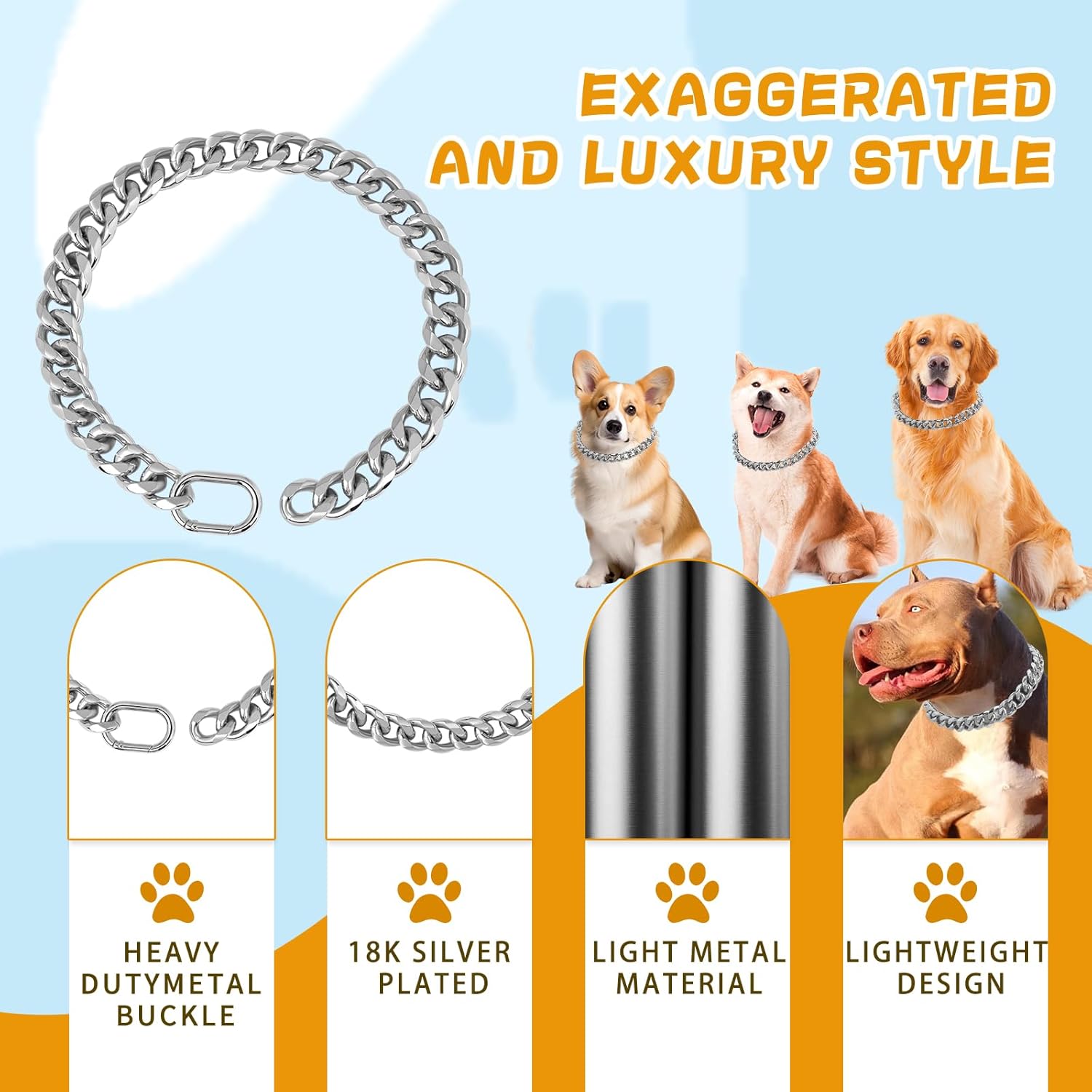 BAOBOTE Collar de cadena de metal chapado en plata de 18 quilates de 0.748 in de grosor para perros (16 pulgadas, plateado)