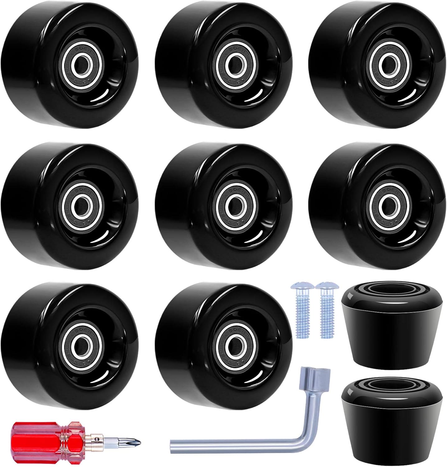 Paquete de 8 ruedas para patines con rodamientos instalados y 2 topes de dedos para patinaje de doble fila, patines cuádruples y patineta para uso
