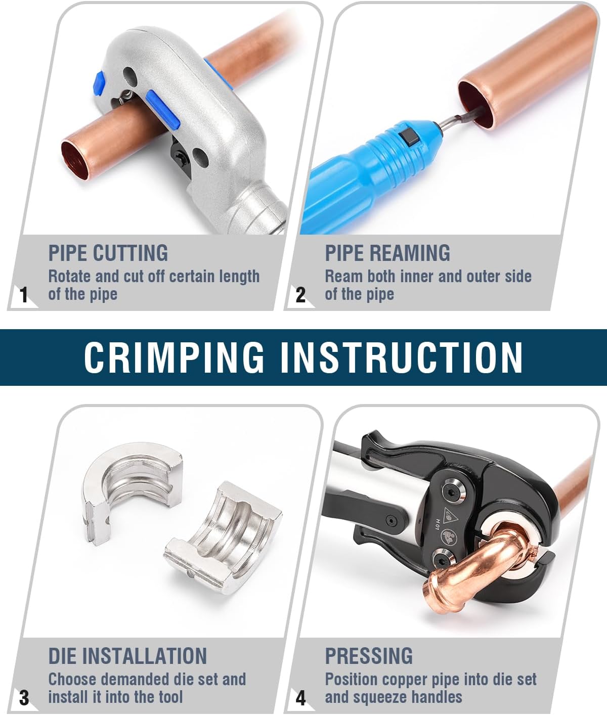 Accesorios de tubo de cobre hidráulico 12, 34, 1 “Kit de herramientas de prensado de prensado de pipa Pex, alicates de prensado de alicates de