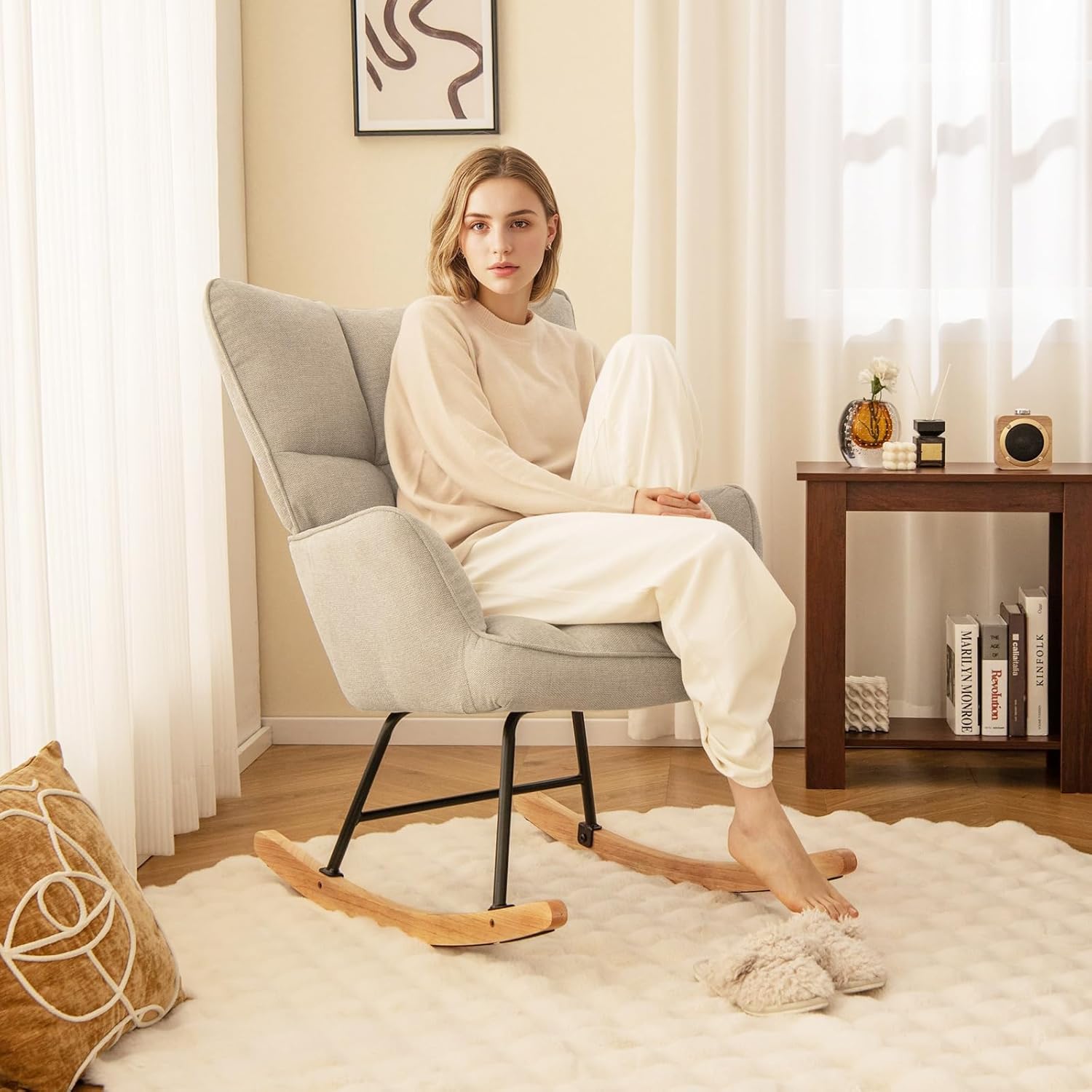 Giantex Mecedora para guardería, sillón moderno con respaldo alto, marco de metal sólido y madera, silla mecedora tapizada de lino para guardería,