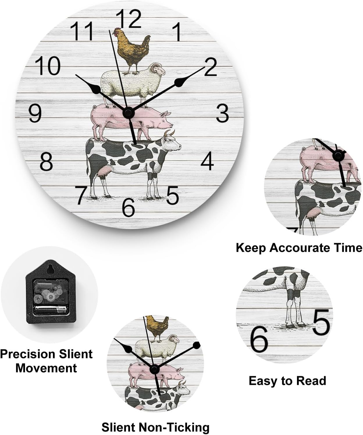 Reloj de pared de PVC de animales de granja, silencioso sin tictac, funciona con pilas, reloj redondo para el hogar, oficina, escuela, cocina,