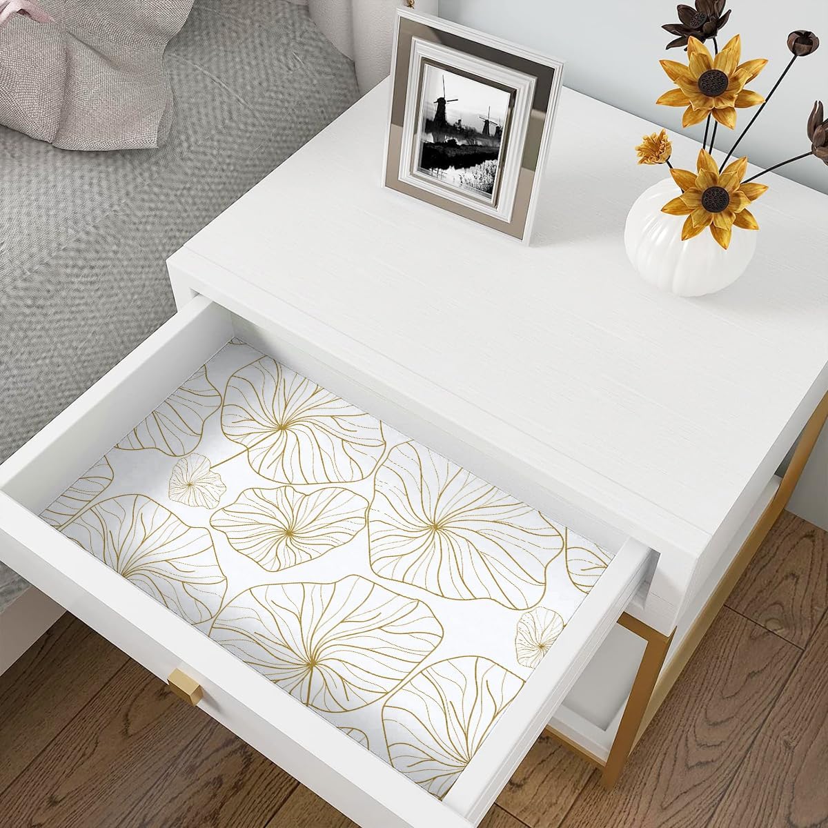 Papel tapiz dorado y blanco para despegar y pegar, papel de contacto floral bohemio, hoja de loto, extraíble, papel tapiz autoadhesivo para cocina,