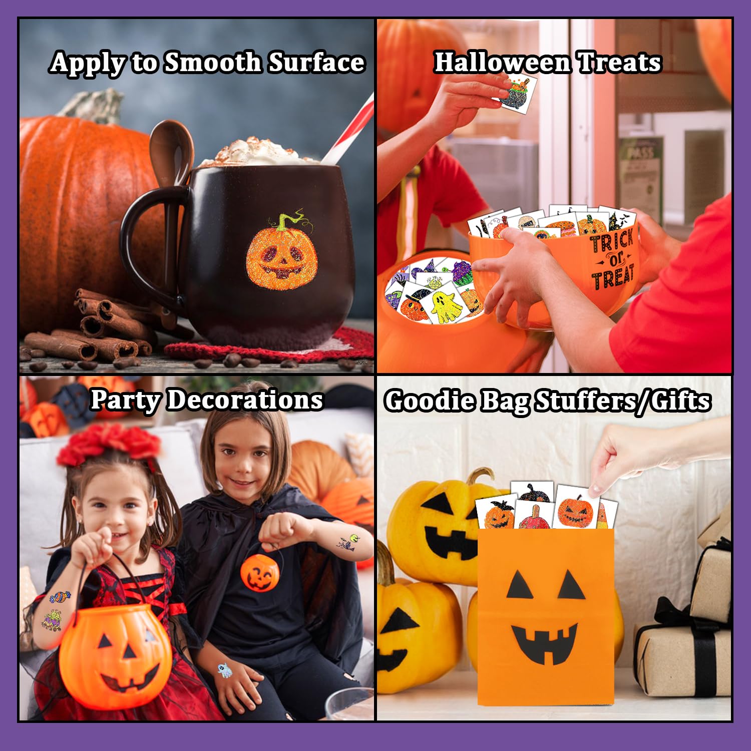 Partywind 204 tatuajes de Halloween con purpurina para golosinas infantiles, suministros de decoración de fiesta de Halloween para niños y niñas,