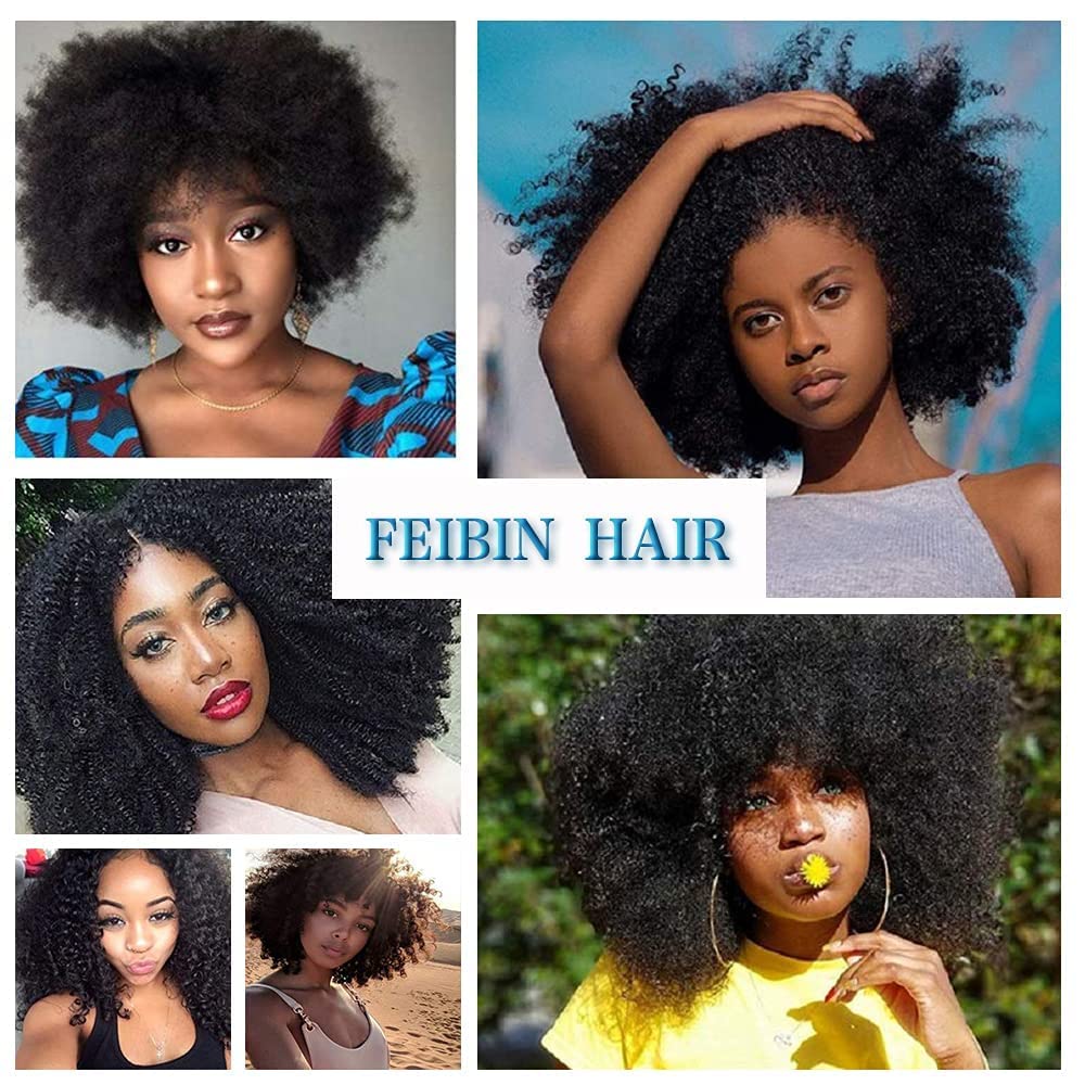 Feibin Extensiones de cabello humano rizado afro mongol de 16, 18, 20 pulgadas, 4B 4C, afro, tejido afro, extensiones de cabello humano rizado a