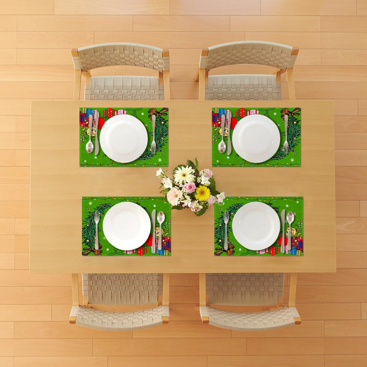 Nepnuser Juego de 4 manteles individuales de lino con texto en inglés Merry Christmas de Grinchmas Whoville Green Elf Navidad, fiestas de invierno,