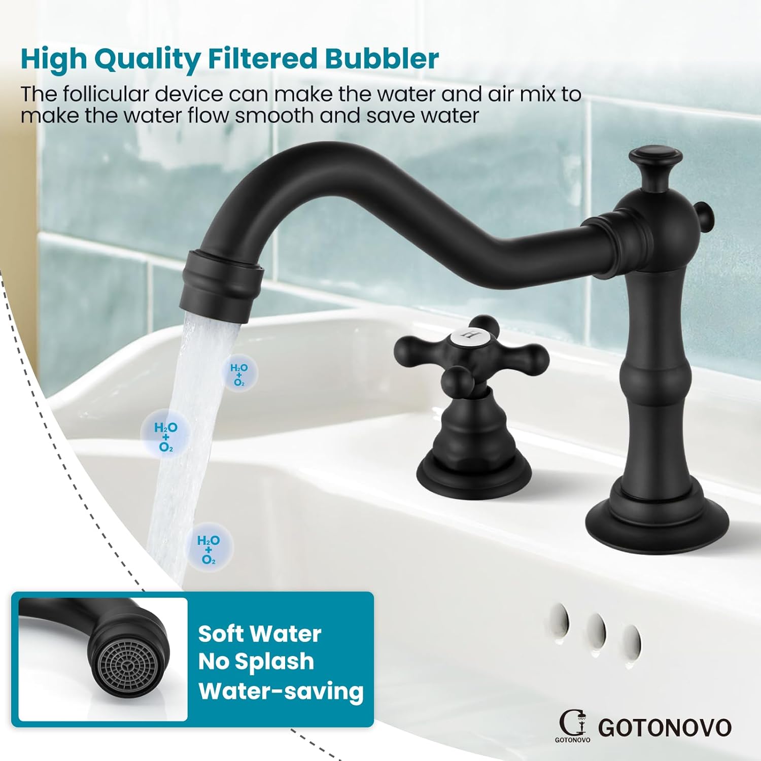 gotonovo Grifo de lavabo de baño negro mate de 3 agujeros con desagüe emergente de dos manijas extendidas de doble cruz pomos mezcladores montaje en