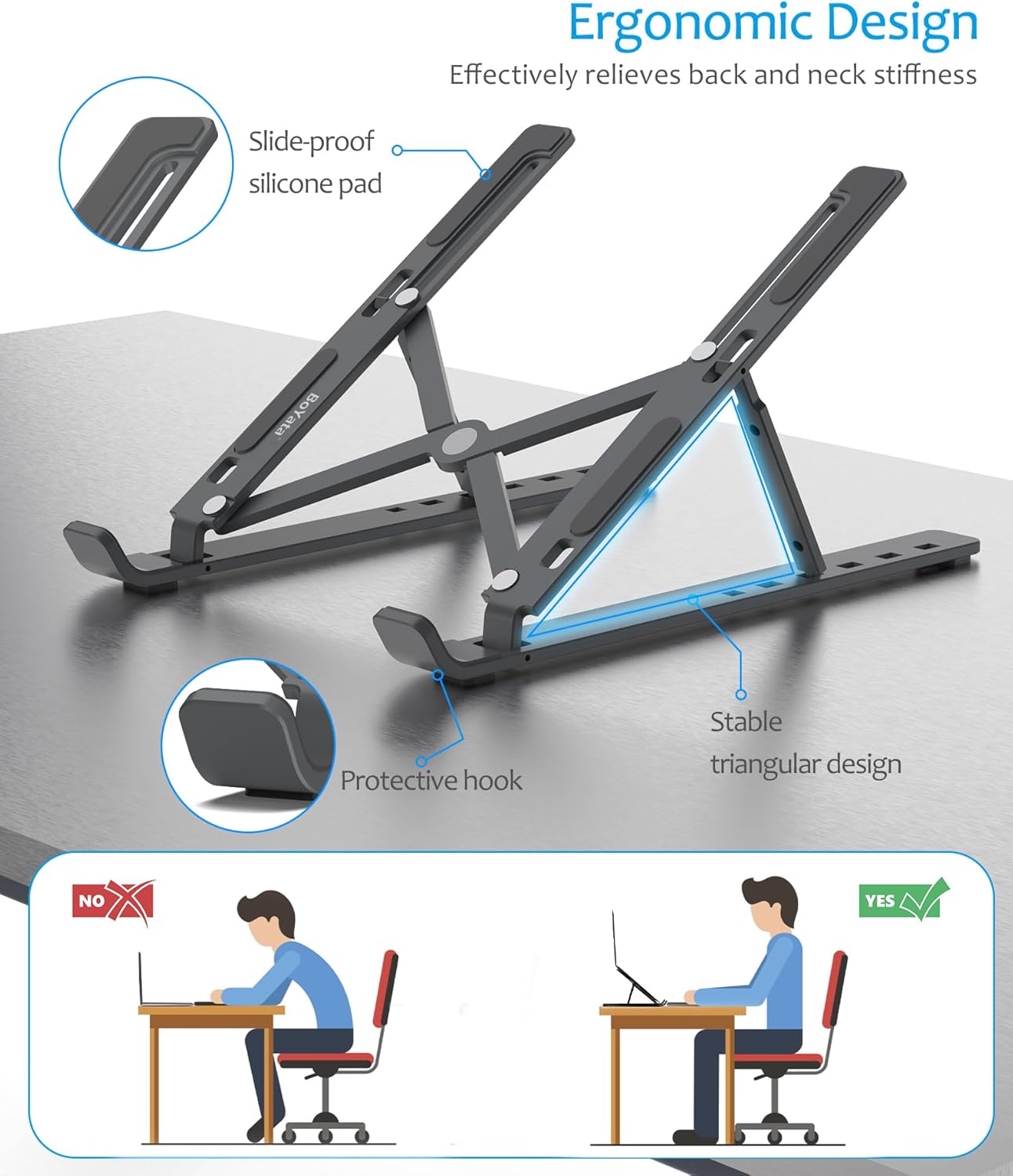 BoYata Soporte para laptop, soporte portátil para computadora de escritorio, elevador plegable de aluminio para laptop con 6 niveles de ajuste de