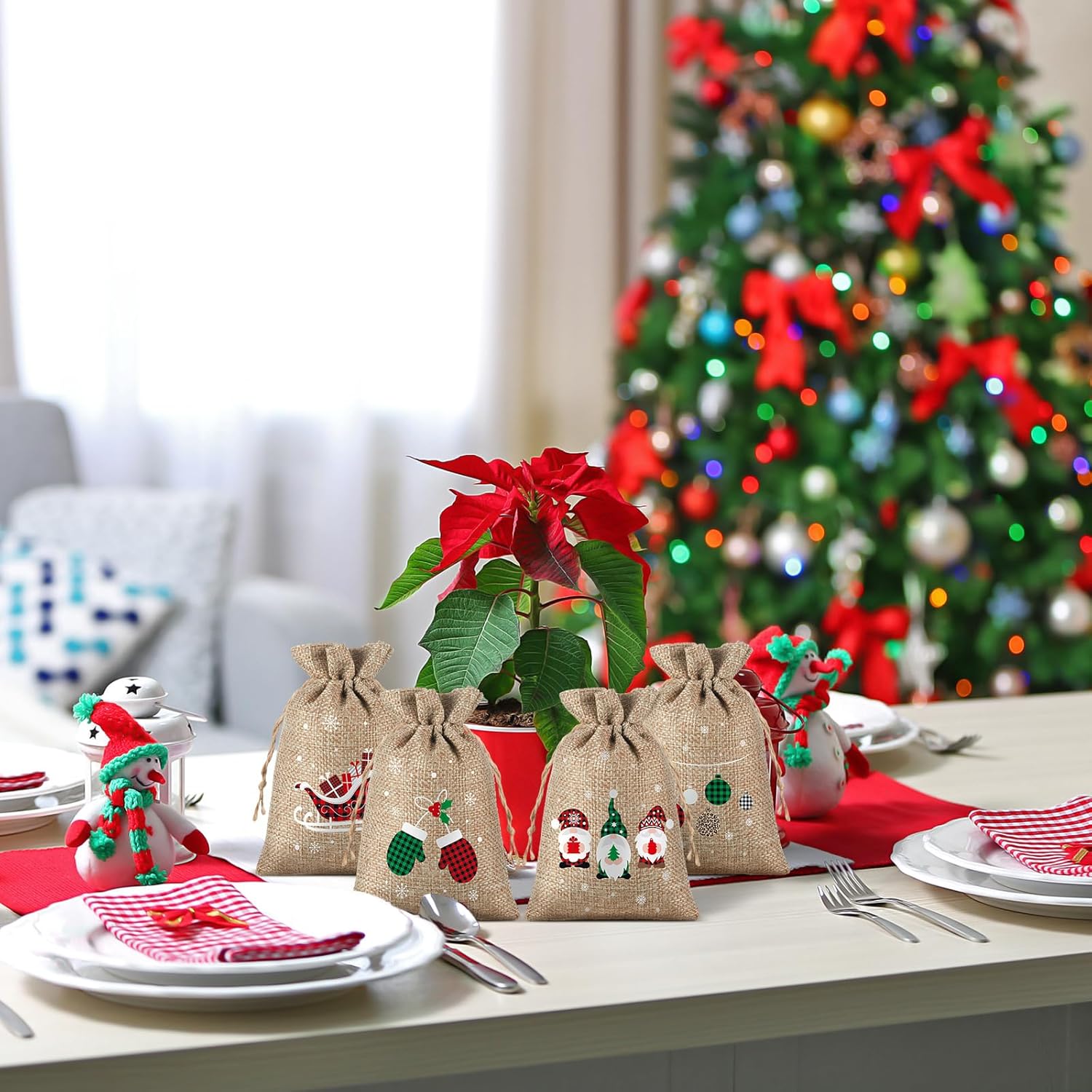 24 bolsas de regalo de Navidad con cordón, bolsa de arpillera de Navidad, bolsa de Navidad de algodón lavable para envoltura de dulces, recuerdos de