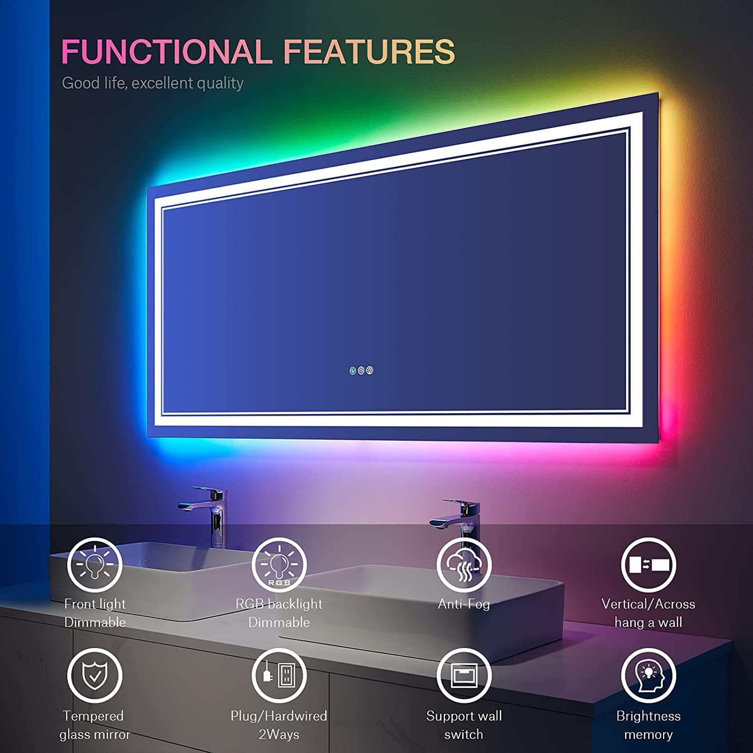 Espejo de baño LED de 60 x 30 pulgadas con luces, retroiluminación RGD que cambia de color y espejo de luz frontal, espejos de tocador iluminados