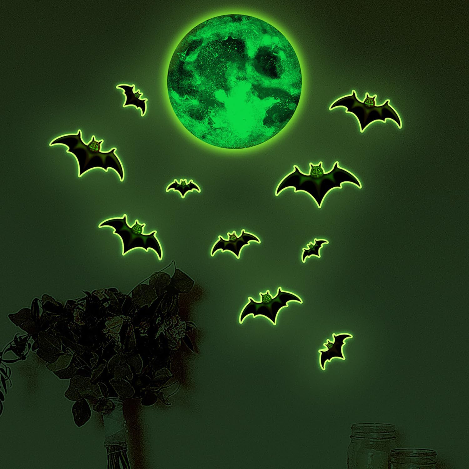 Calcomanías de pared de Halloween que brillan en la oscuridad, calcomanías luminosas de murciélago de luna, calcomanías de pared de Halloween, lindo