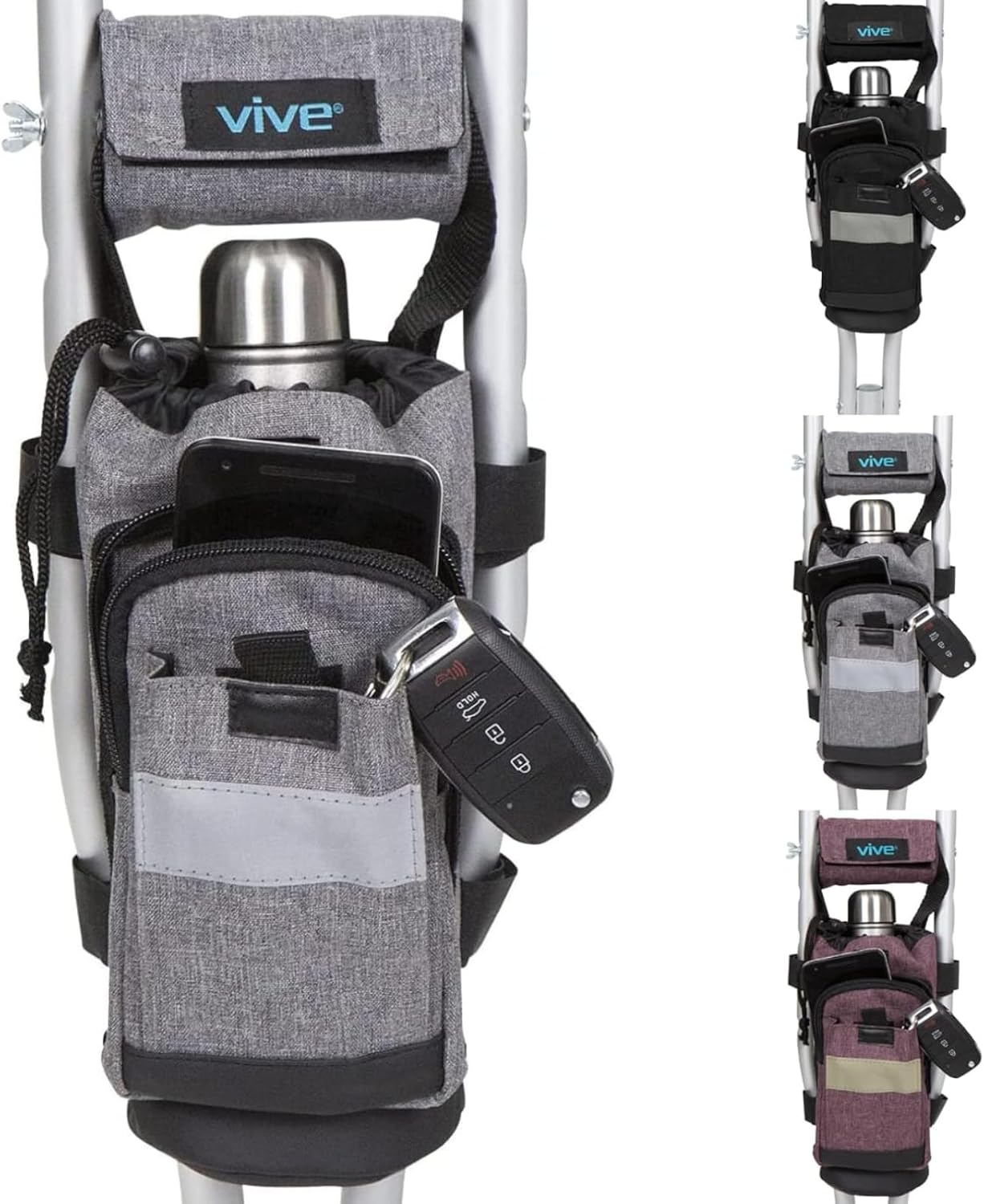 Vive Bolsa de accesorios para muletas y cojines de agarre de mano, bolsa premium resistente al agua para muletas, con soporte para bebidas, 3
