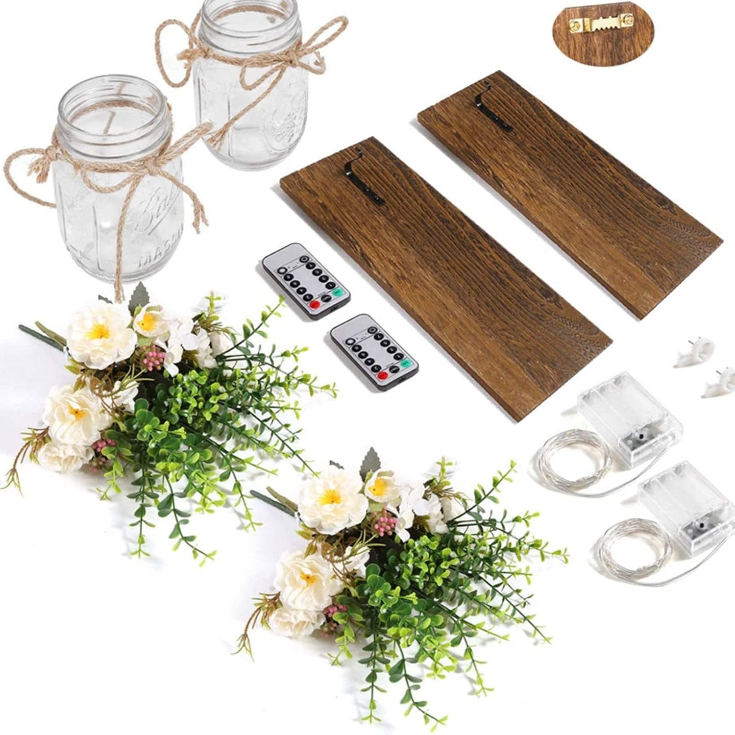 FRAKYEN Plantas artificiales y flores retro de madera Mason Jar lámpara de pared simulación flor peonía rosa enviar control remoto para decoración