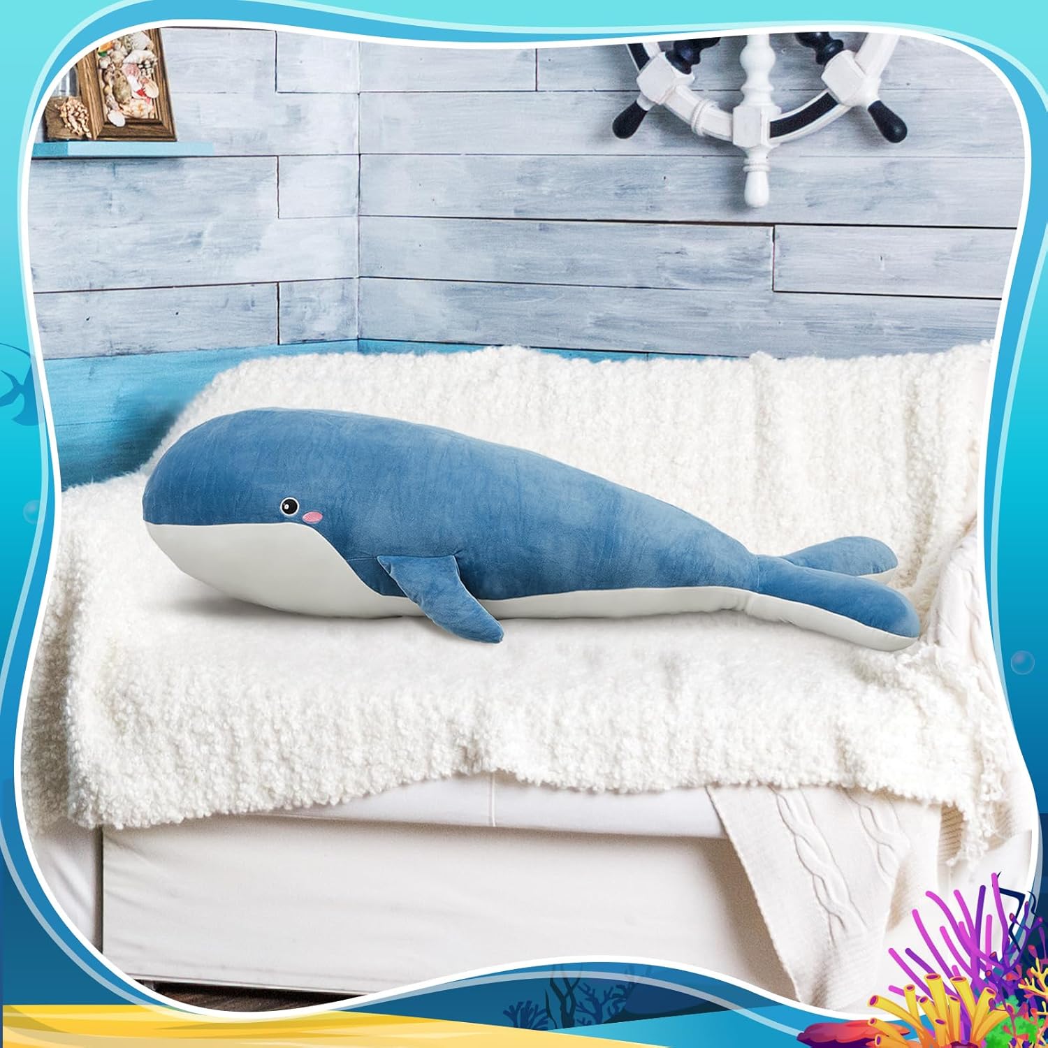 Muñeco de ballena de 47.2 pulgadas con diseño de ballena grande y delfín, lindas almohadas decorativas grandes, almohada de peluche de ballena de
