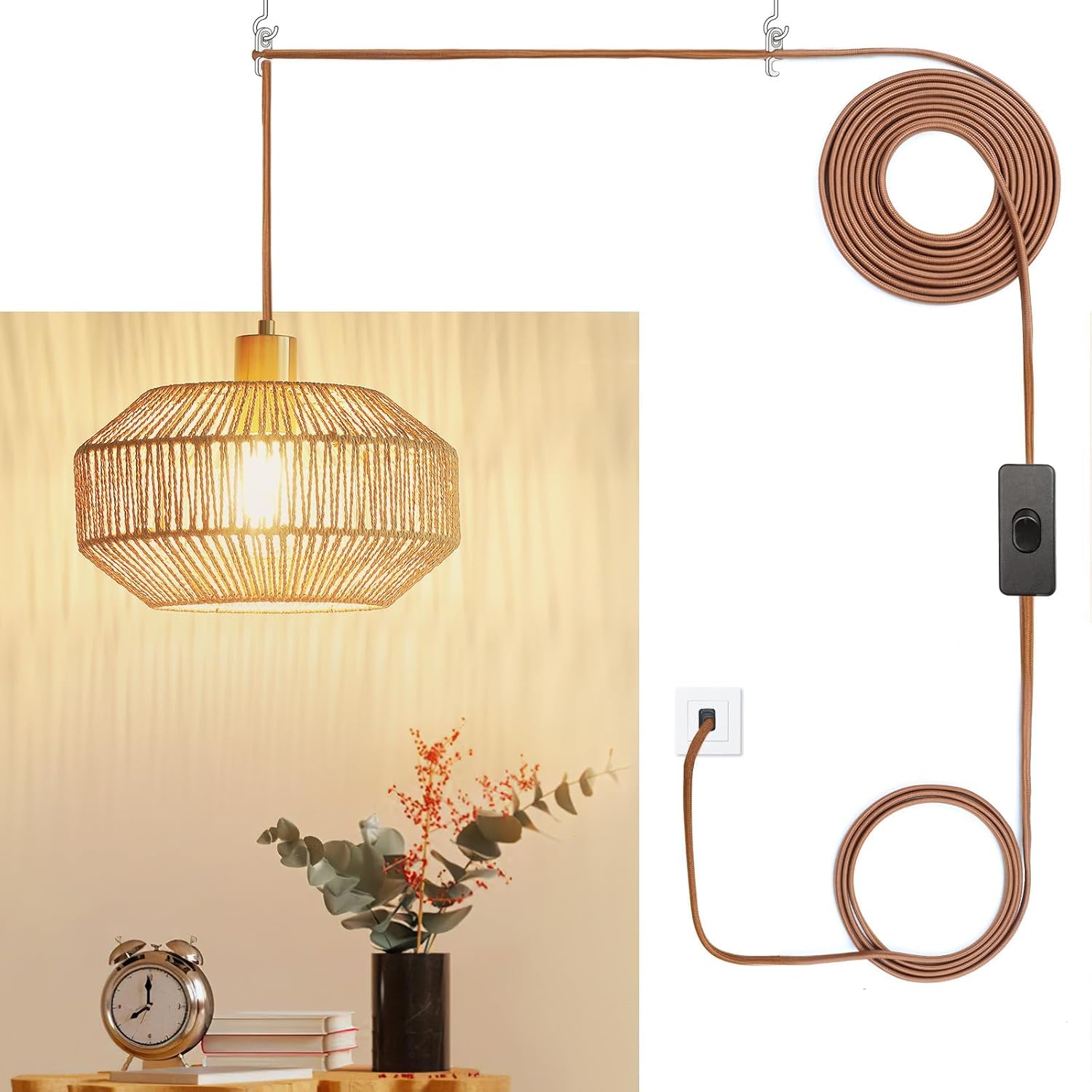 Lámpara colgante de ratán tejido de papel con enchufe, lámpara colgante bohemia rústica para cocina, comedor, dormitorio, entrada, con bombilla