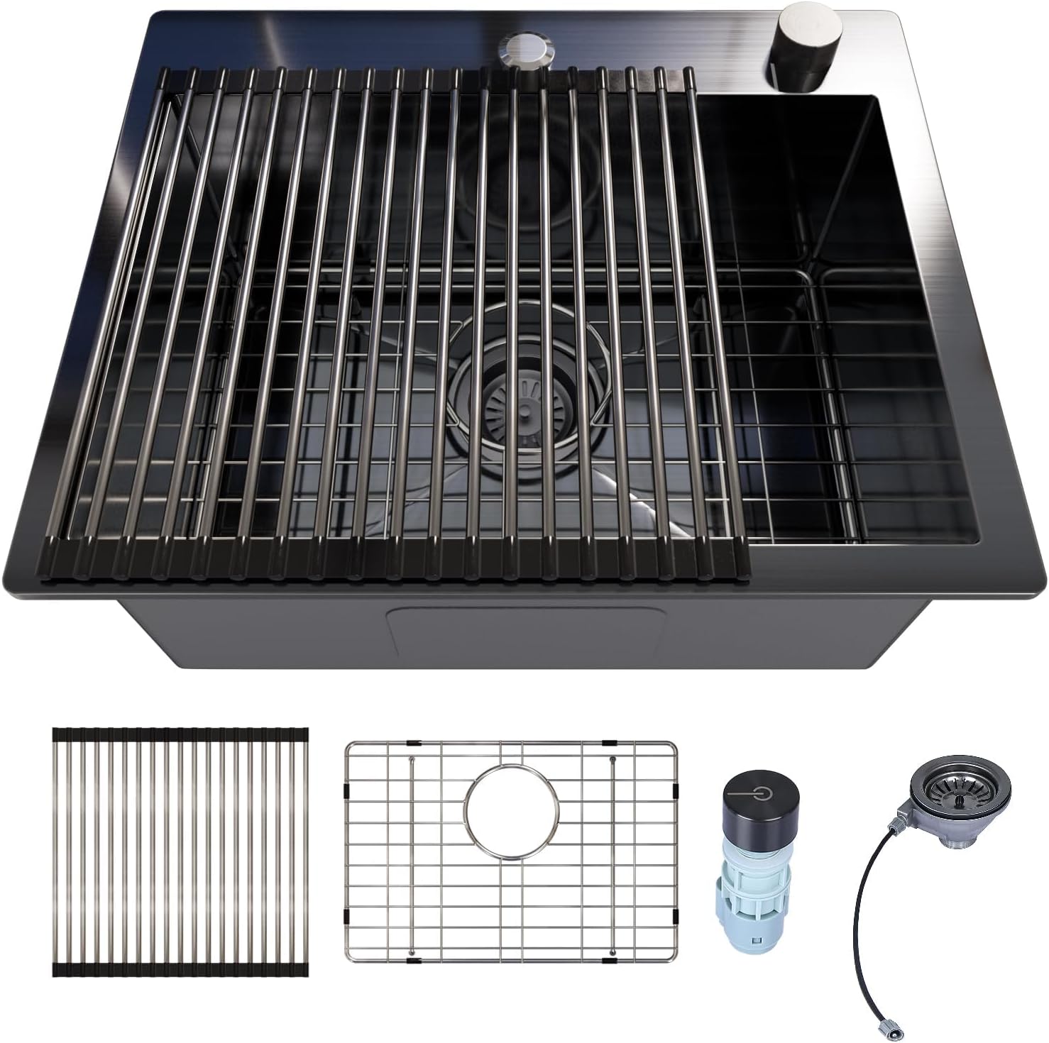 Davivy Fregadero de cocina negro con cuenco individual, fregadero de estación de trabajo de montaje superior, fregadero pequeño de acero inoxidable