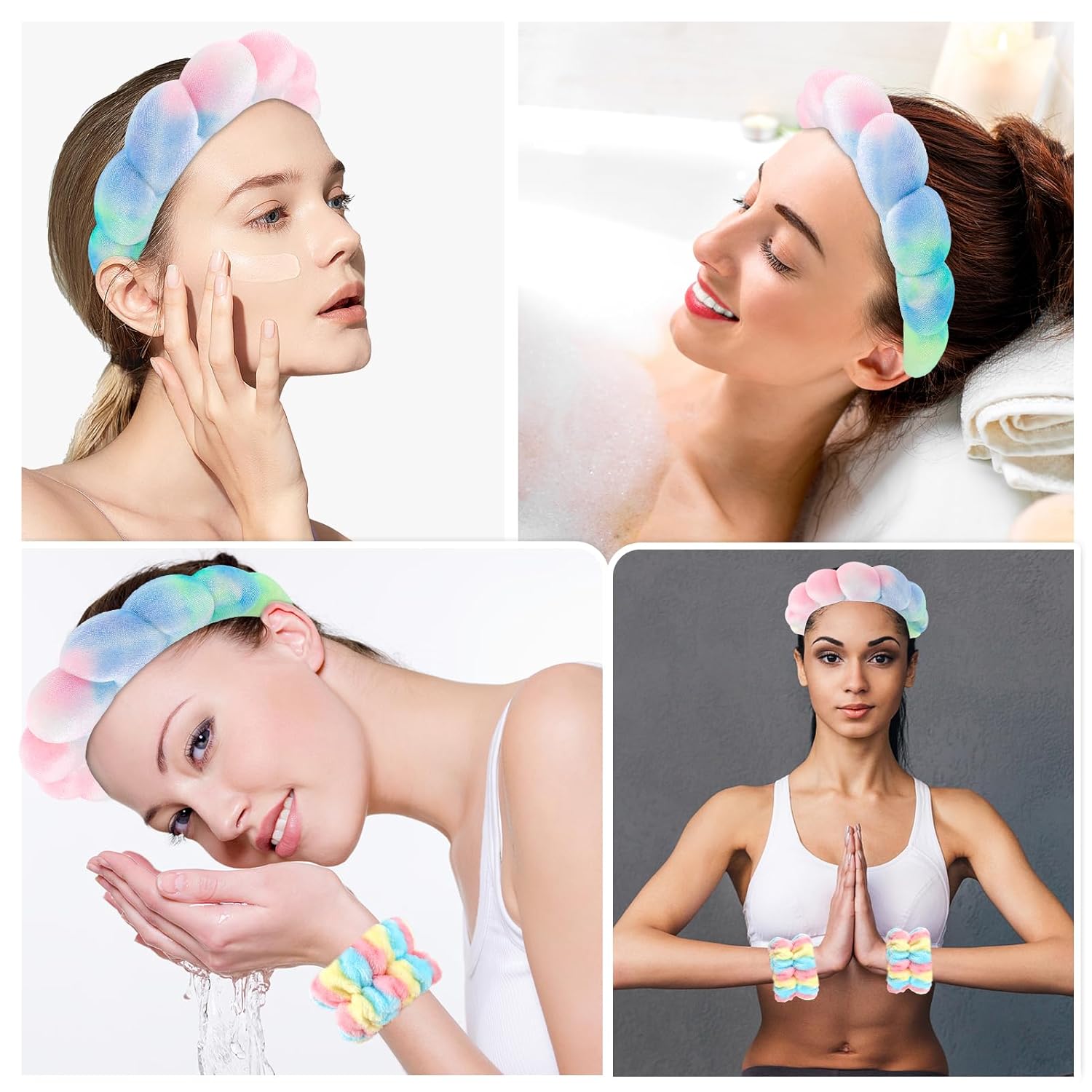 Zkptops Diadema de spa para lavar la cara, juego de esponja, maquillaje, cuidado de la piel, tela de terciopelo con burbujas, suave, para mujeres y
