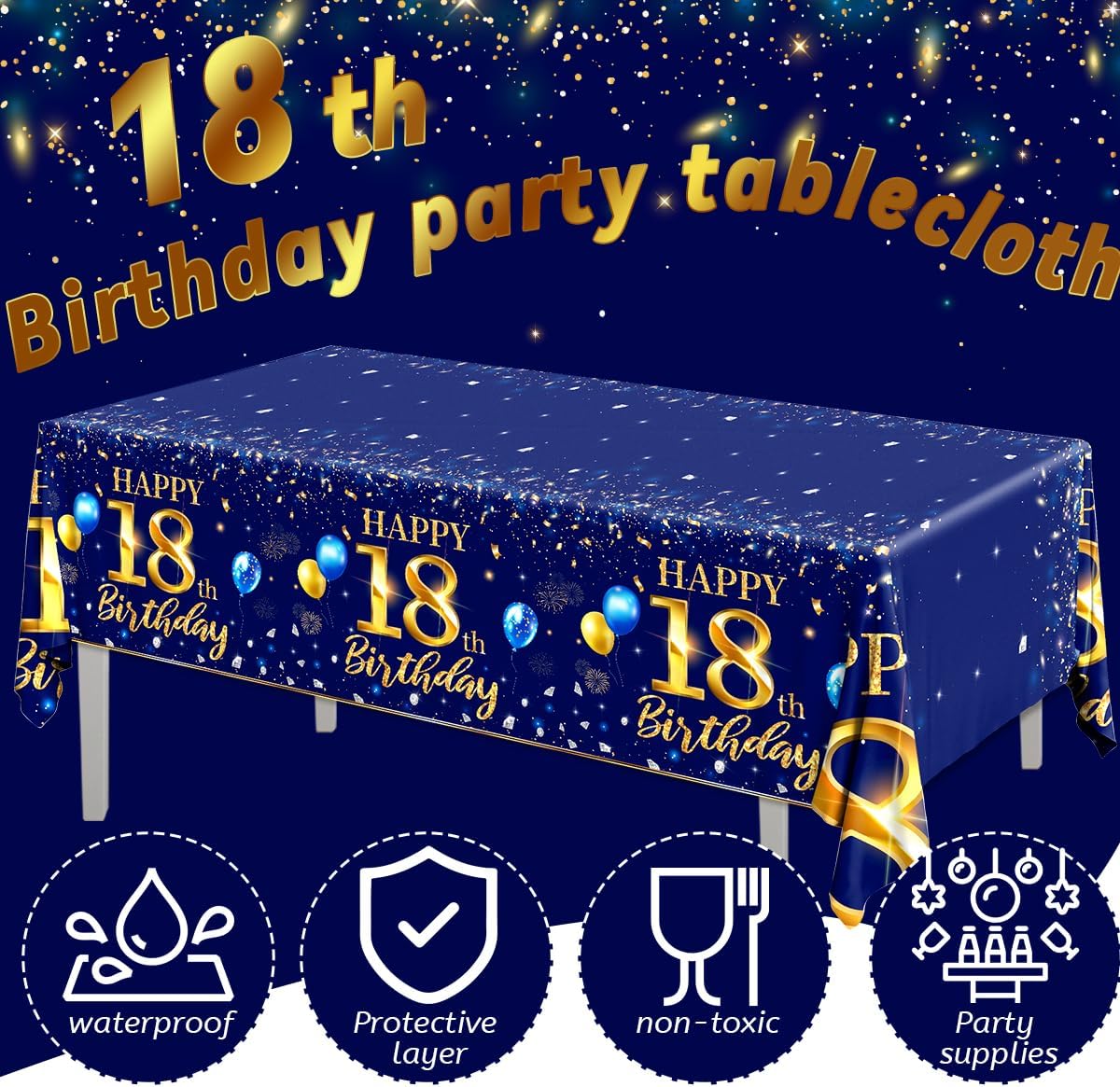 Decoraciones de cumpleaños número 18 para hombre, 3 piezas, color azul marino, fundas rectangulares de plástico impermeables de plástico dorado y
