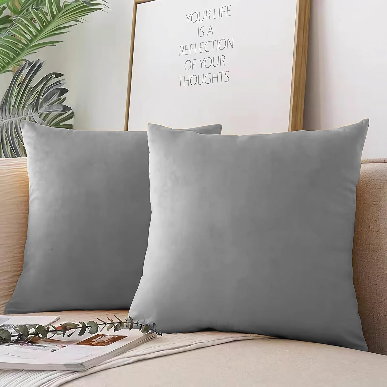 Paquete de 2 fundas de almohada de terciopelo suave de 18 x 18 pulgadas, fundas de cojín cuadradas sedosas decorativas con cremallera para