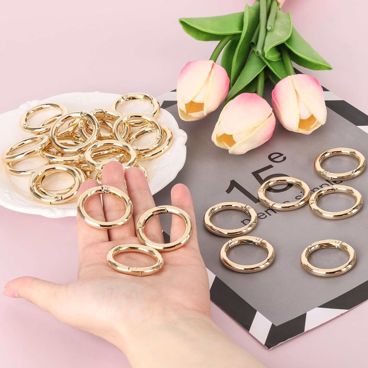 30 anillos de resorte de gatillo redondo de 1 pulgada con mosquetón a presión, anillos de gatillo circular, anillo de resorte dorado para llaveros,