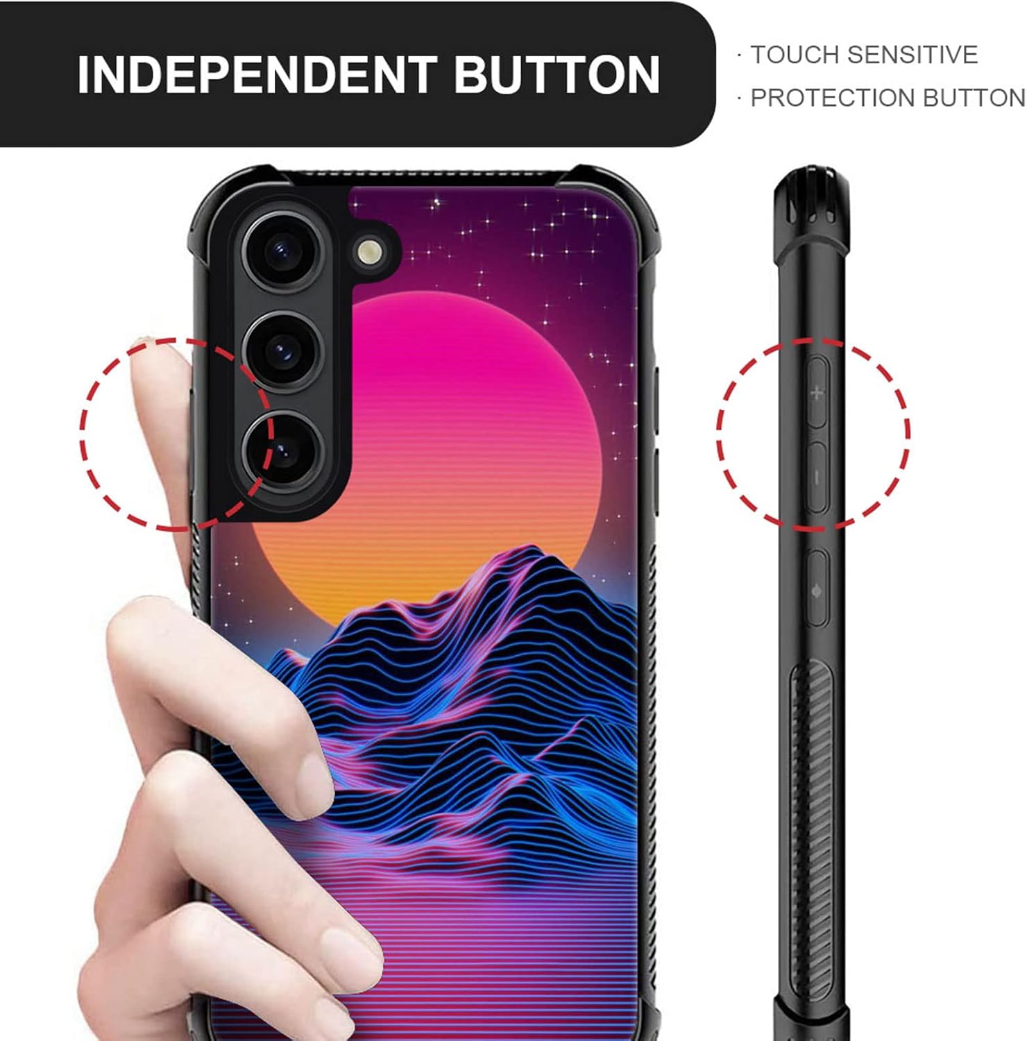 CARLOCA Synthwave – Funda compatible con Samsung Galaxy S23, diseño gráfico de identidad retro, a prueba de golpes, antiarañazos, acrílico duro para