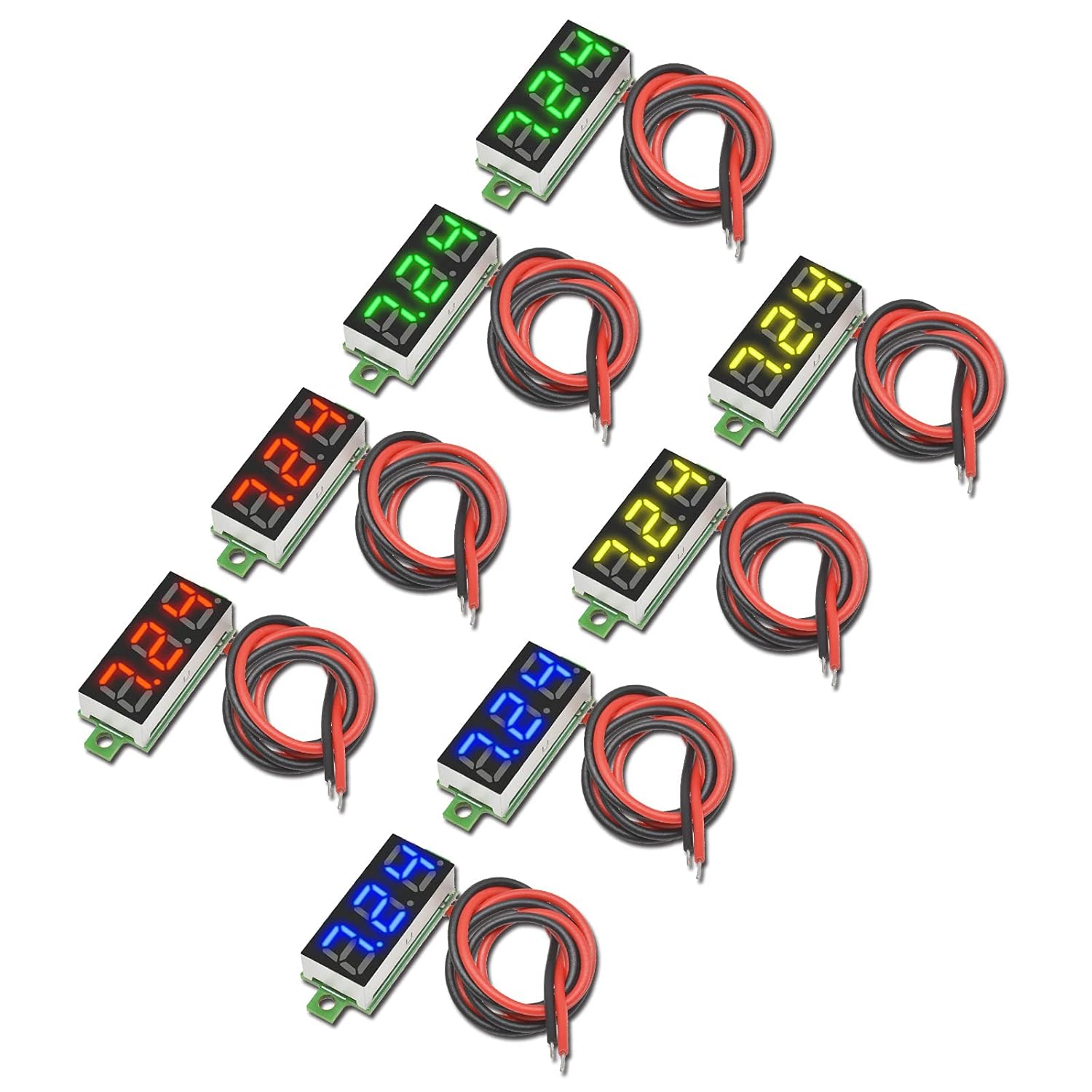 Diymore 8 piezas de pantalla de voltaje CC Mini pantalla de voltmotor digital 0.28 pulgadas 2 cables CC 2.5V-30V azulamarillorojoverde pantalla de