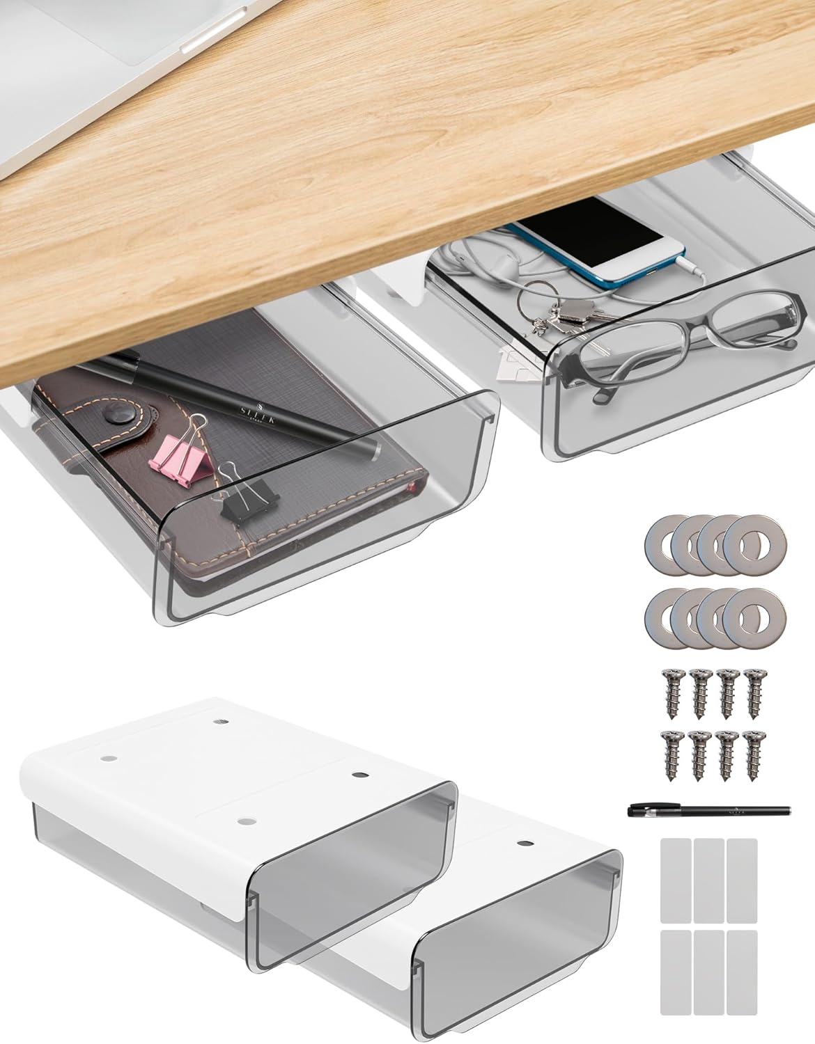 Sleek Stash Paquete de 2 organizadores de cajones para debajo del escritorio, deslizables, accesorio adhesivo para cajón de escritorio con bolígrafo