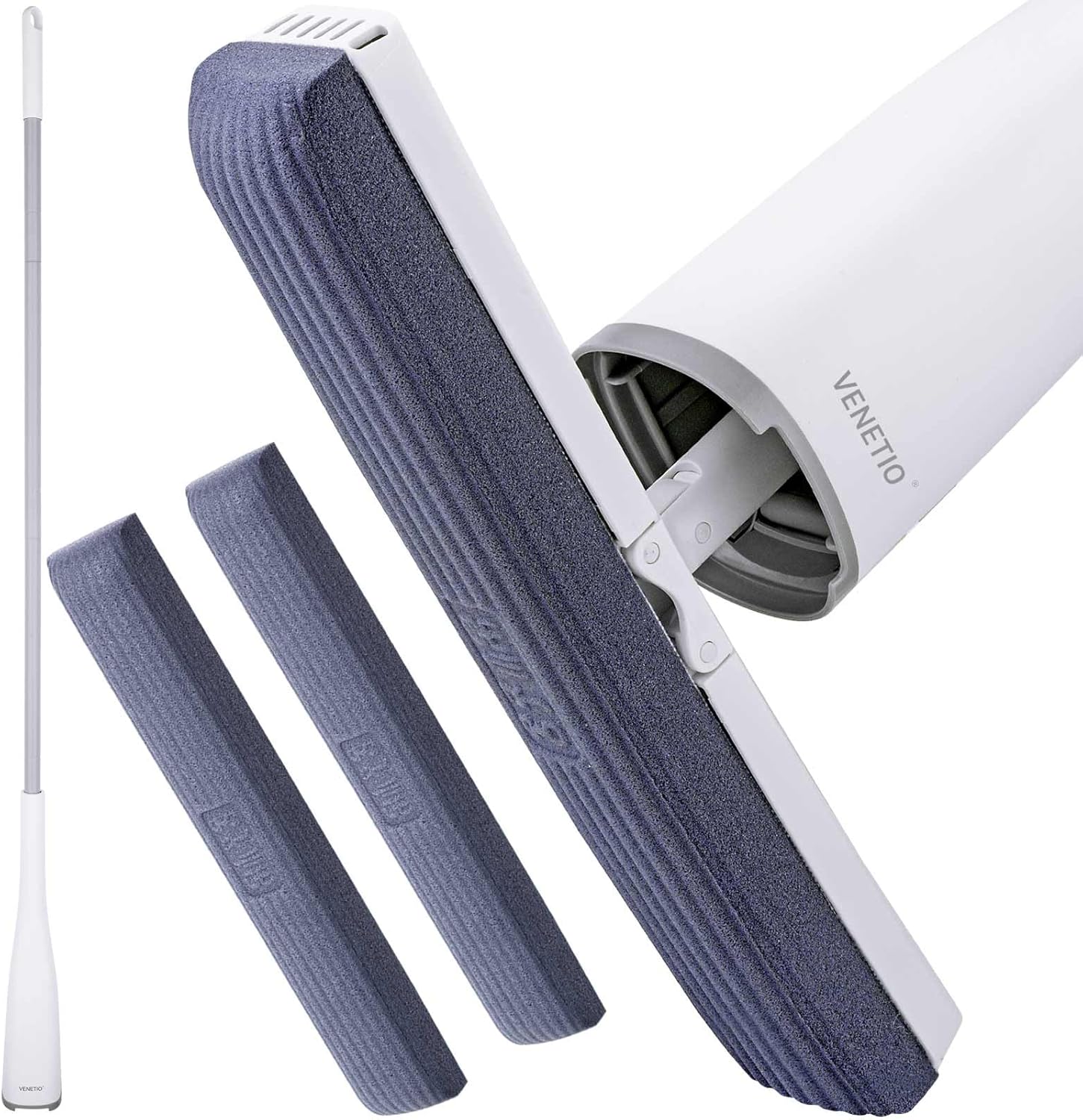 VENETIO Trapeador de esponja para limpieza de suelos con 3 cabezales de mopa de poliuretano biodegradables siempre suaves, fácil de limpiar, polvo