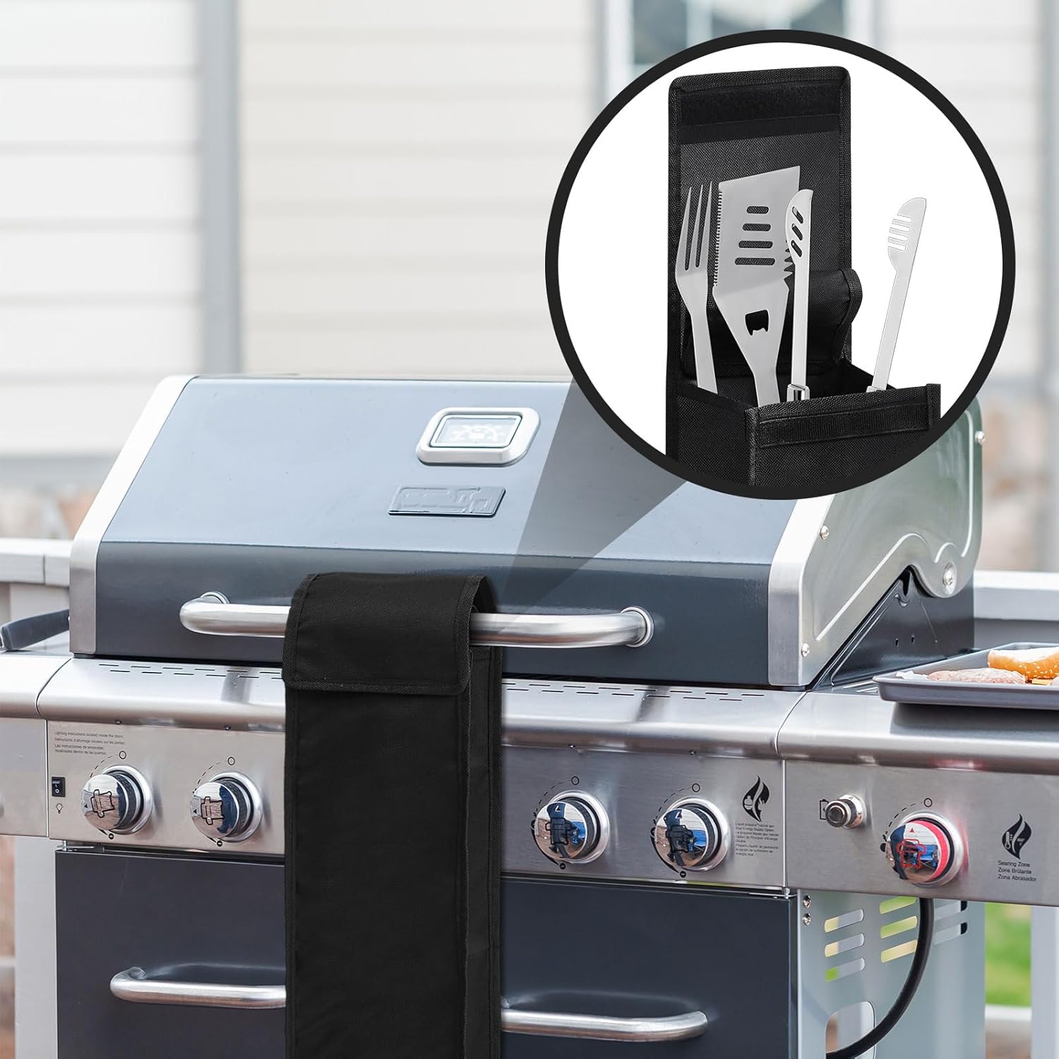 Amylove Bolsa de herramientas para barbacoa, contenedor de almacenamiento negro para utensilios de parrilla, resistente al agua, tela Oxford,