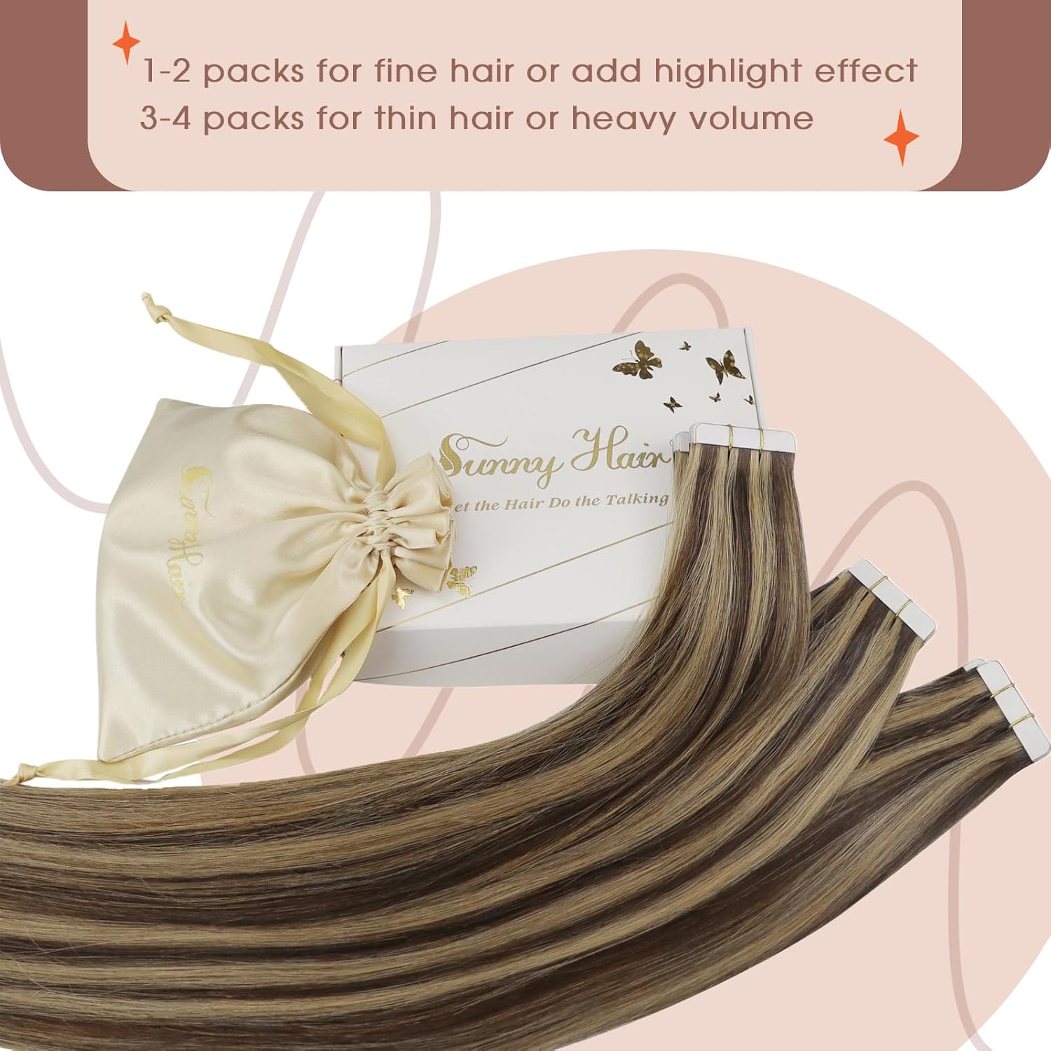 Sunny – Extensiones de cabello humano con cinta adhesiva, color marrón oscuro, color rubio caramelo, lacio sedoso para mujer, 20 pulgadas, 1.76oz,