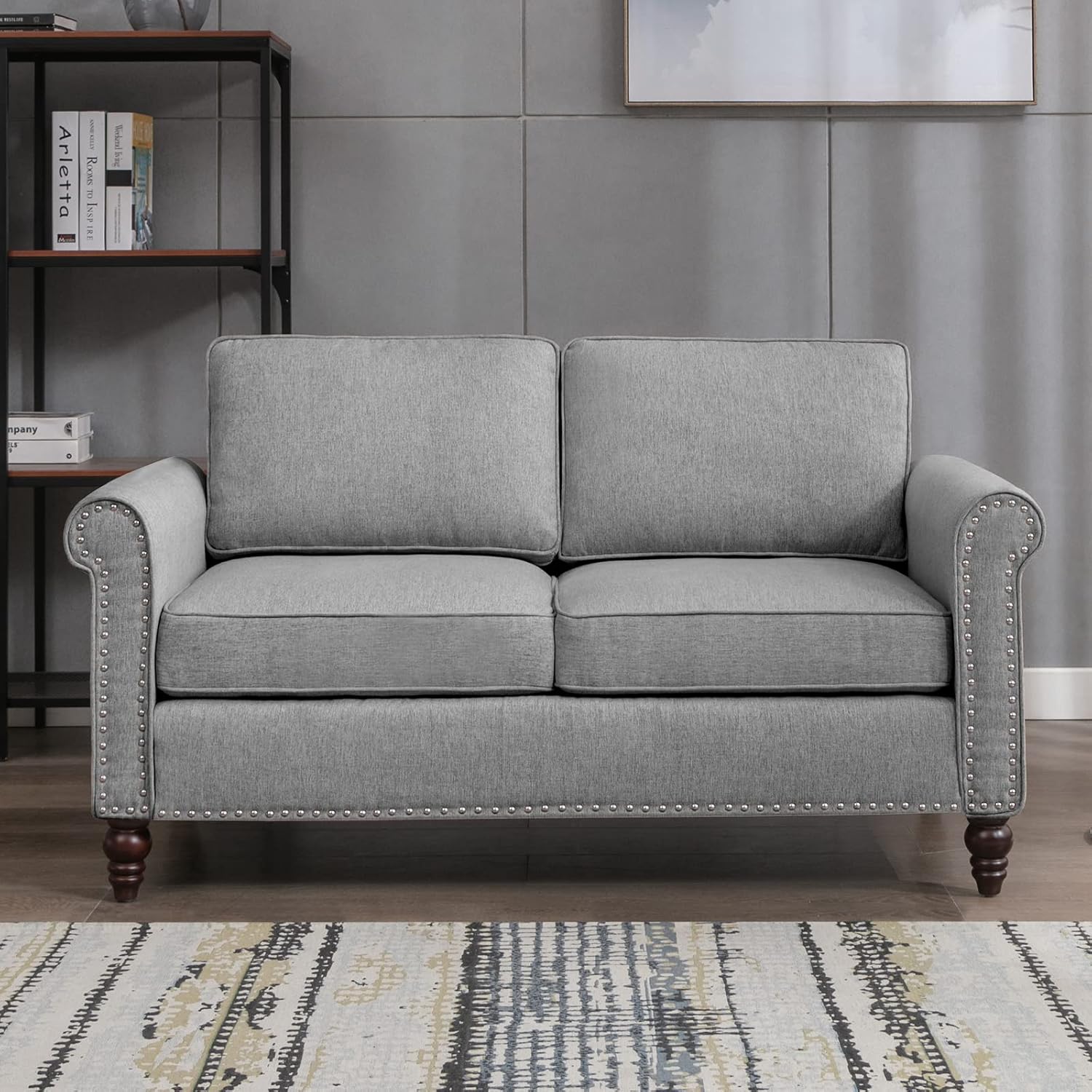 Sofá biplaza, sofá gris claro para sala de estar, sofá moderno de mediados de siglo con marco de madera maciza y 4 patas en forma de calabaza, sofás