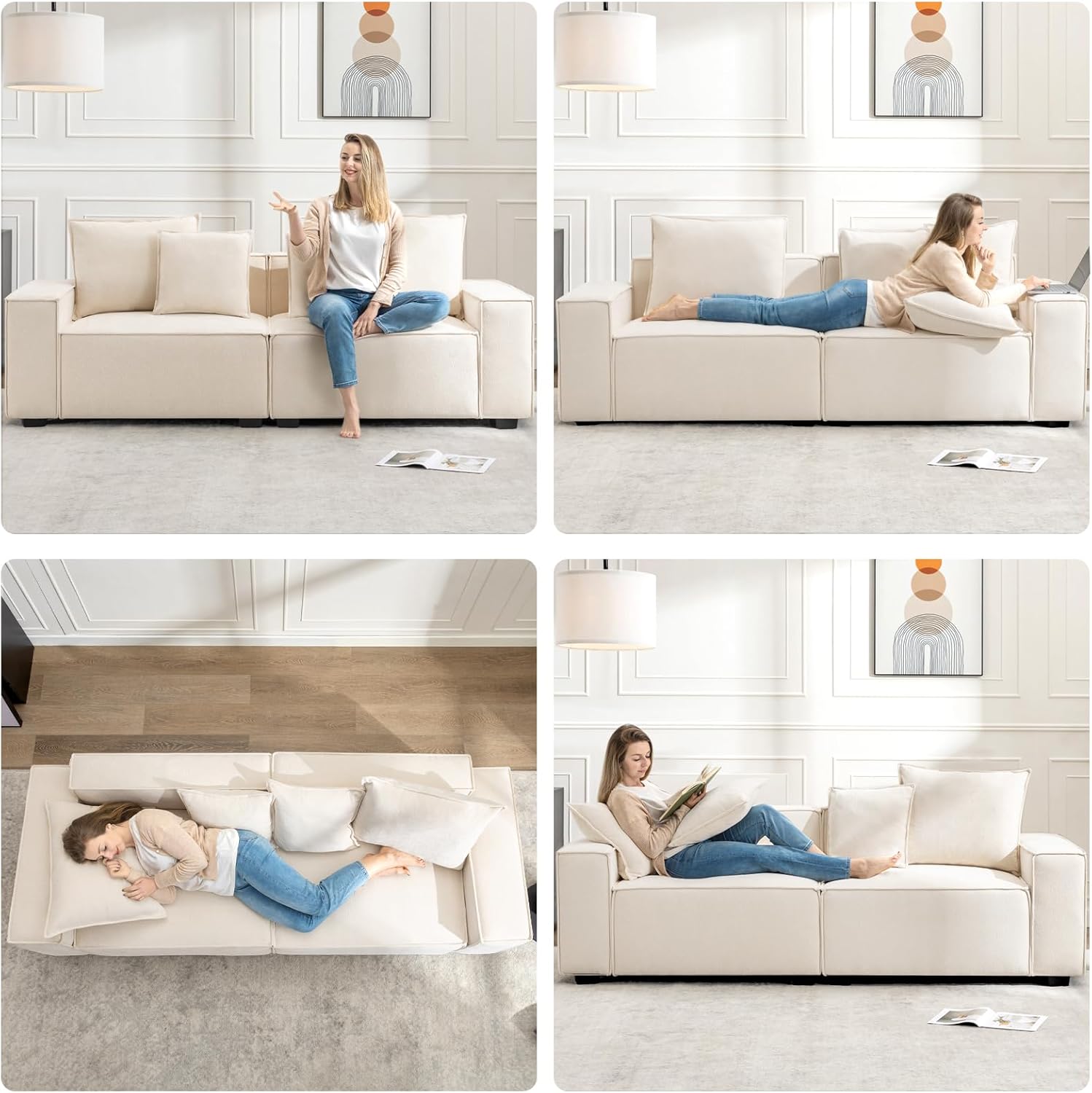 Sofá grande de felpilla moderno de 89.3 pulgadas, sofá nube de 3 plazas con reposabrazos extra anchos y 4 cojines, sofá de asiento profundo para