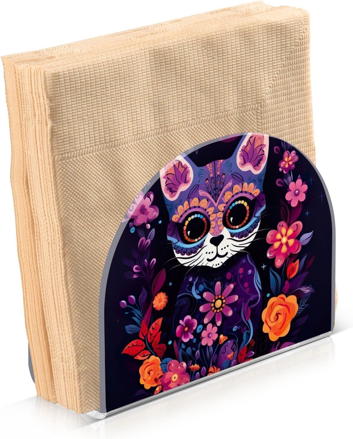 Servilletero de gato con calavera de azúcar de Halloween para mesa, dispensadores de servilletas de tejido acrílico, servilleteros de cóctel para