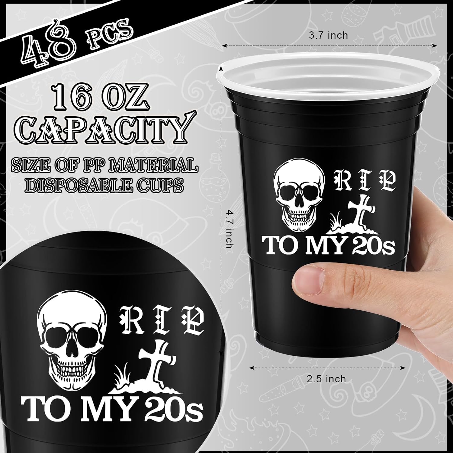 Rtteri Paquete de 48 vasos desechables de plástico grueso para fiesta de 16 onzas, RIP to My 20s, decoraciones de cumpleaños de 30 años, tazas de