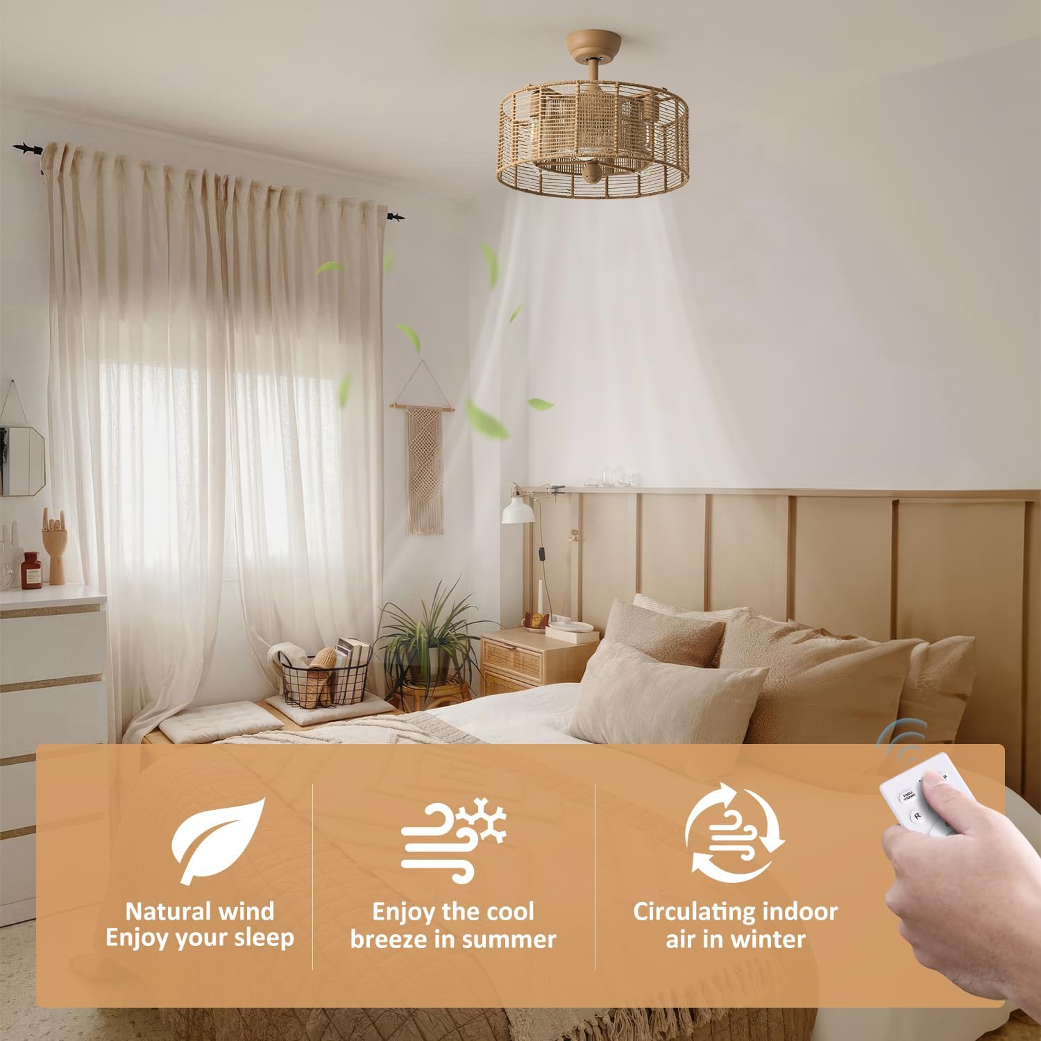 Ventilador de techo bohemio de 20 pulgadas con luces y control remoto, ventilador de techo enjaulado de ratán con luz, 6 velocidades cerradas para