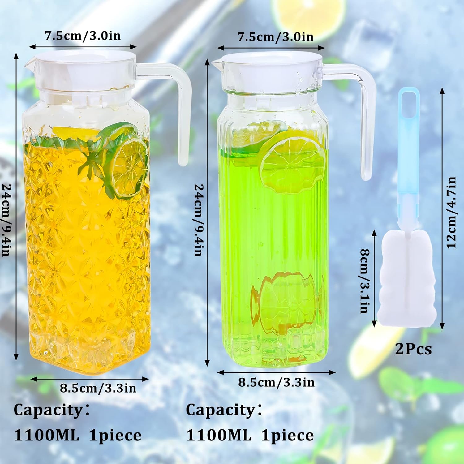 Jarra acrílica de 2 piezas (40 onzas cada una) para refrigerador de agua con tapa, jarra transparente con sellado hermético, sin BPA y a prueba de