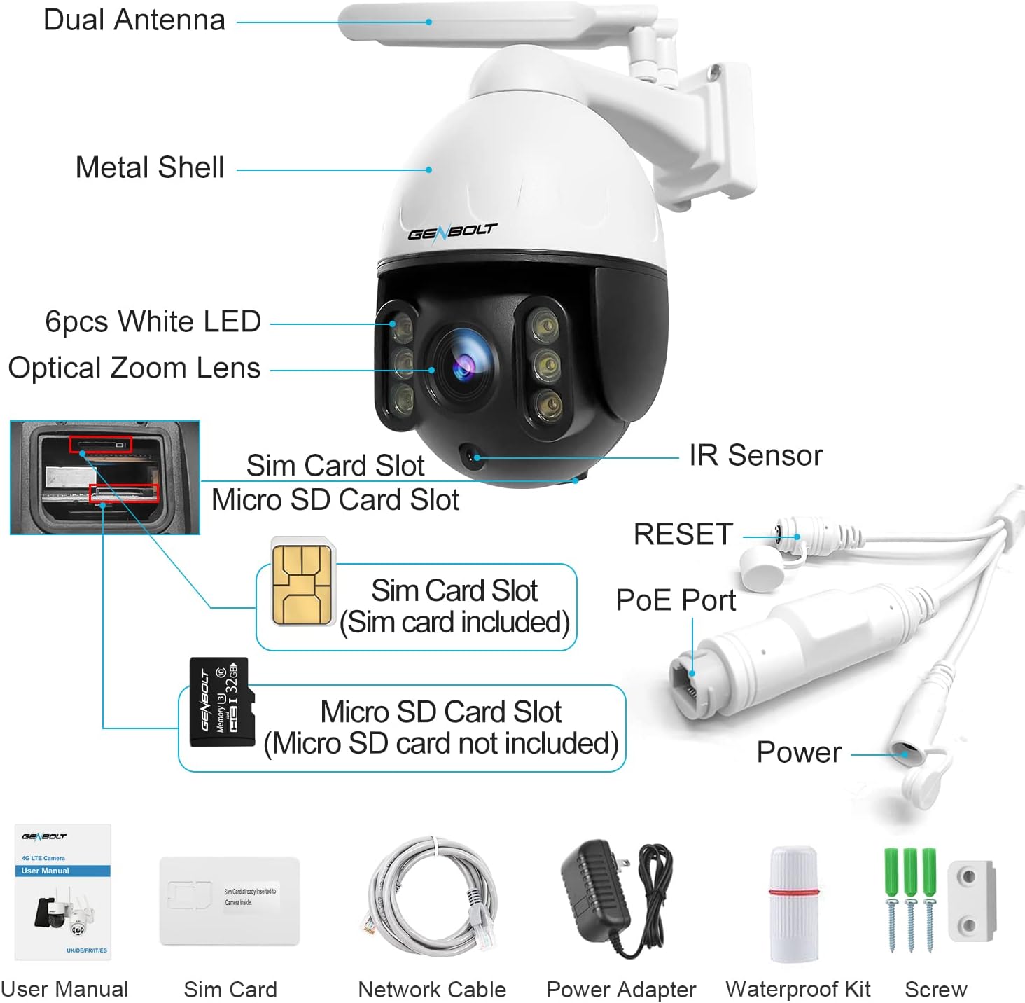 GENBOLT Cámara de seguridad 3G4G LTE PTZ al aire libre 2.5K, zoom óptico 9X PoE CCTV Cámara de vigilancia IP con tarjeta SIM, reflector de 5MP de