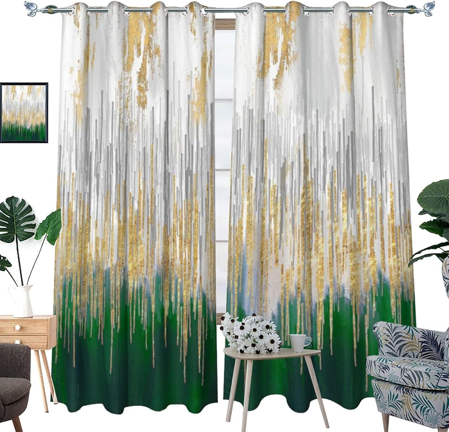 Cortinas modernas abstractas y verdes para dormitorio, textura geométrica de tinta dorada, pintura al óleo, arte de pintura al óleo, aislamiento