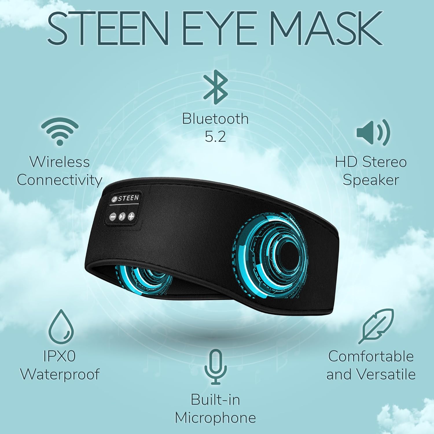 Steen – Auriculares Bluetooth para dormir, máscara inalámbrica Bluetooth para dormir con altavoces estéreo HD ultrafinos  Perfecto para dormir,