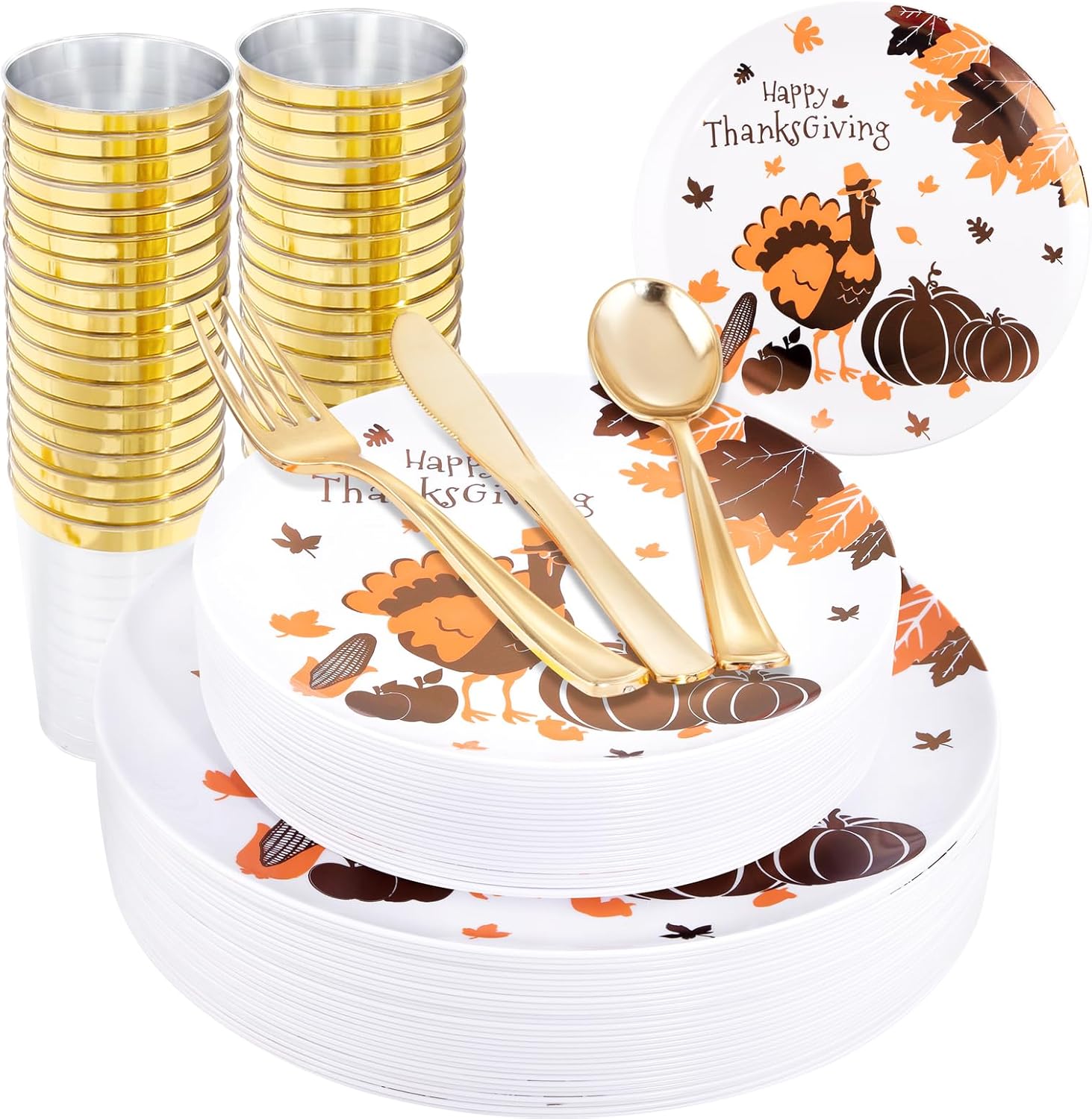 LIYH 150 platos de plástico de Acción de Gracias, platos desechables de pavo para decoración de cosecha de otoño, platos de regalo de amigos, juego