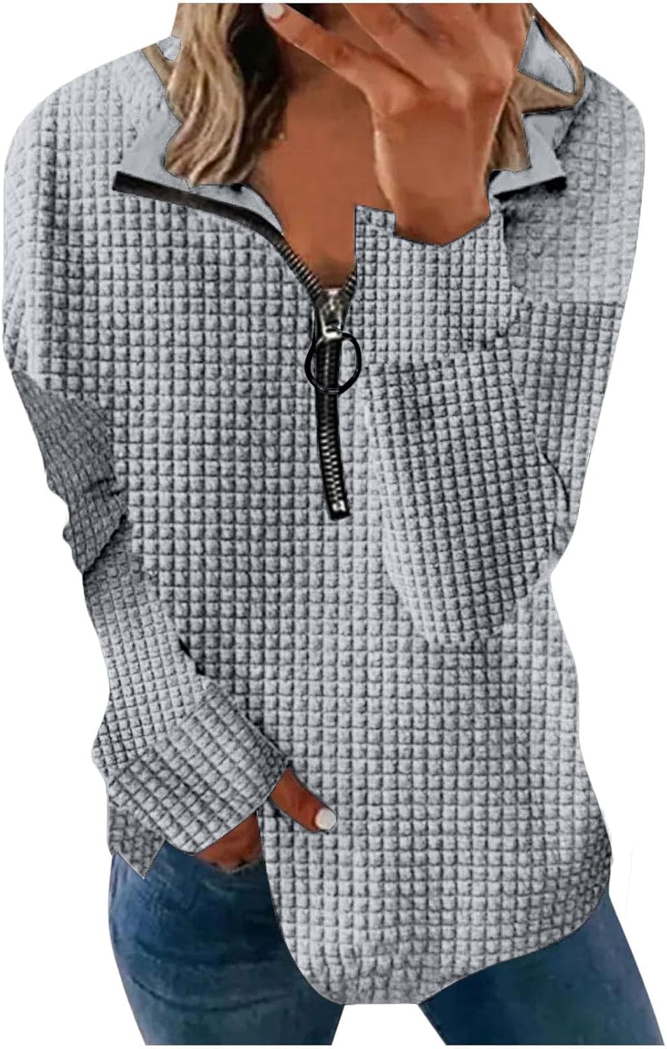 Sudadera casual de punto gofre para mujer, con solapa y cremallera de un cuarto, manga larga, abertura lateral, holgada, talla grande, para